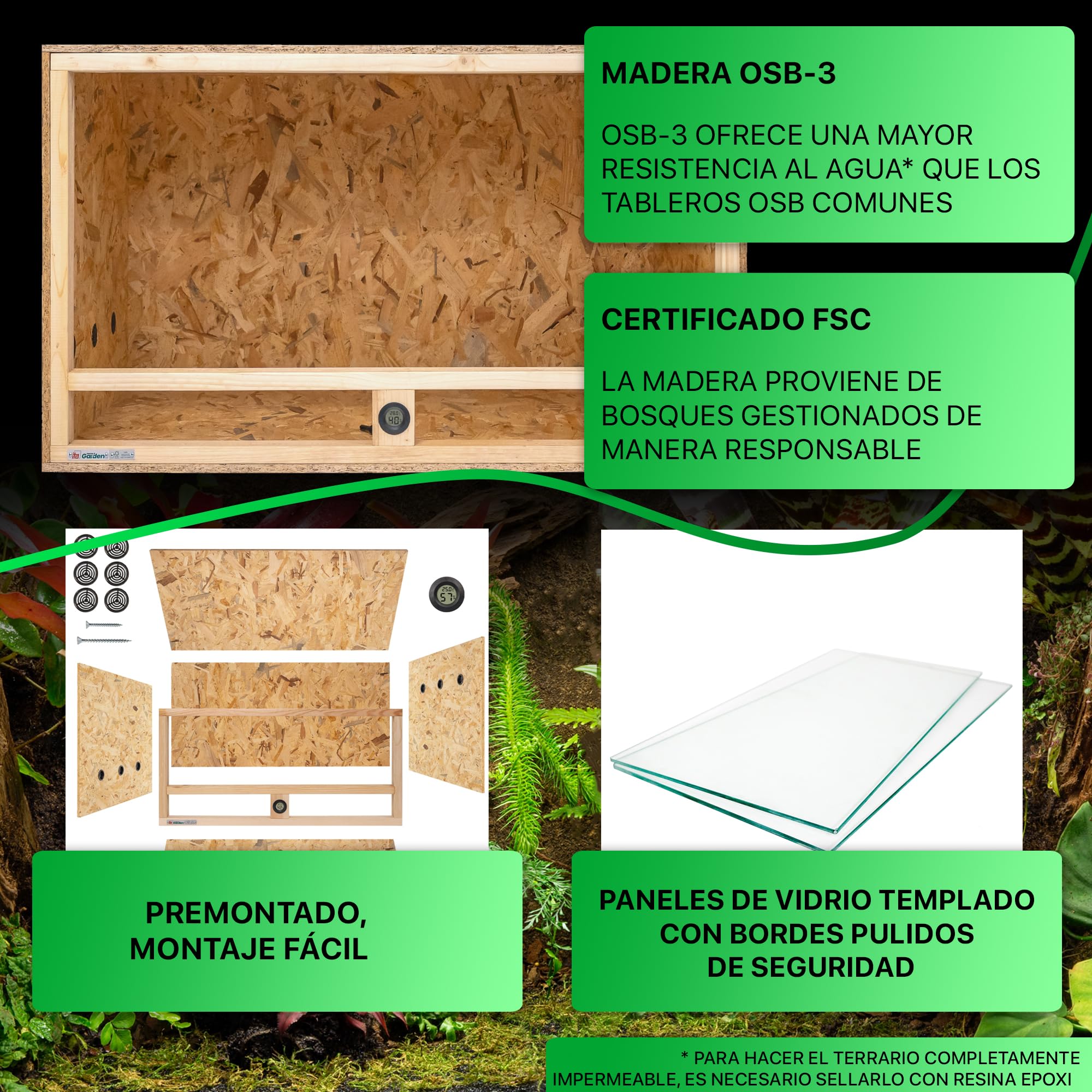 ITA Terrario de Madera 120x60x60 cm con ventilación Lateral e higrómetro Integrado - Terrarios de OSB-3 - para Reptiles, Serpientes, Anfibios - Producto UE, Certificado FSC