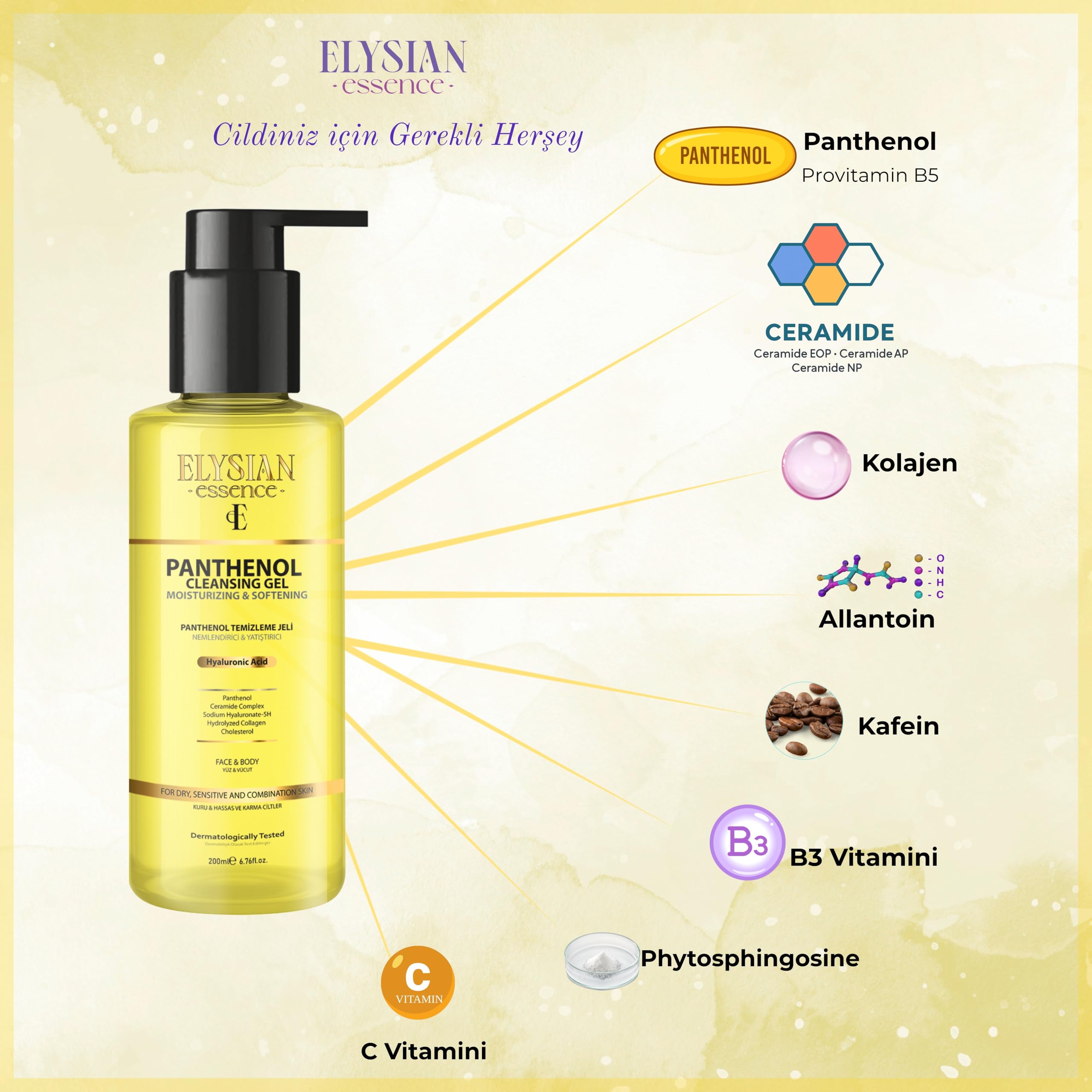 Elysian Essence Nemlendirici ve Yatıştırıcı Panthenol Yüz Temizleme Jeli - Kolajen & Hyaluronic Acid İlaveli 200 ml