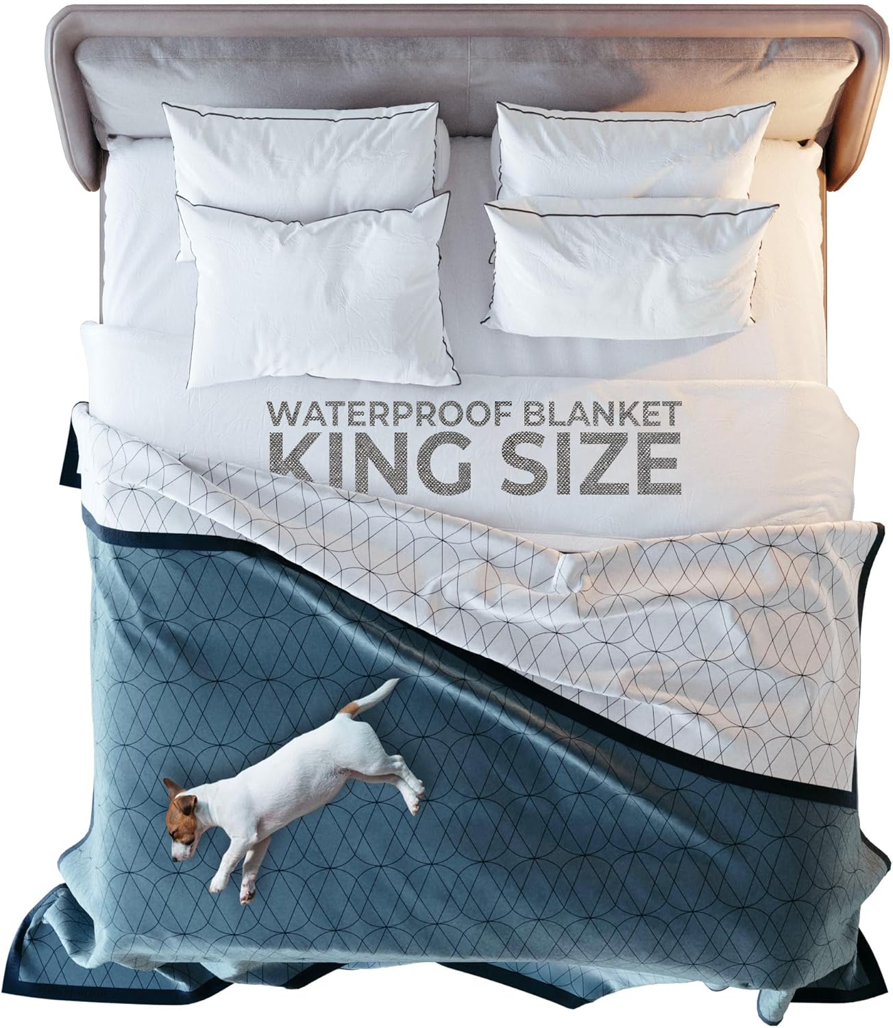 Waterproof Dog Blanket for Bed  108x90 Inch King Size  Pet Hair Resistant Blanket for Small to Large Dogs  Washable, Leakproof, Reversible Bedspread for Bed Protection  Blue/White