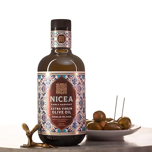 Nicea Aceite de oliva virgen extra de cosecha temprana (16.9 fl oz) - Informado de polifenol. Probado en laboratorio. Aceitunas Gemlik de origen