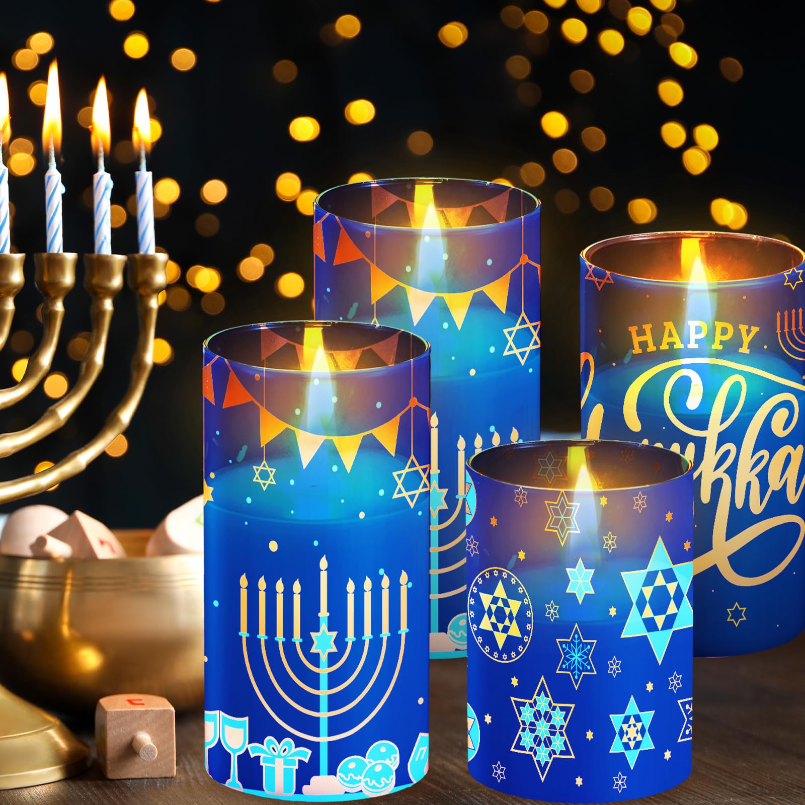 Leinuosen 6 Pack Glass Hanukkah Flameless Candles LED Candles Battery