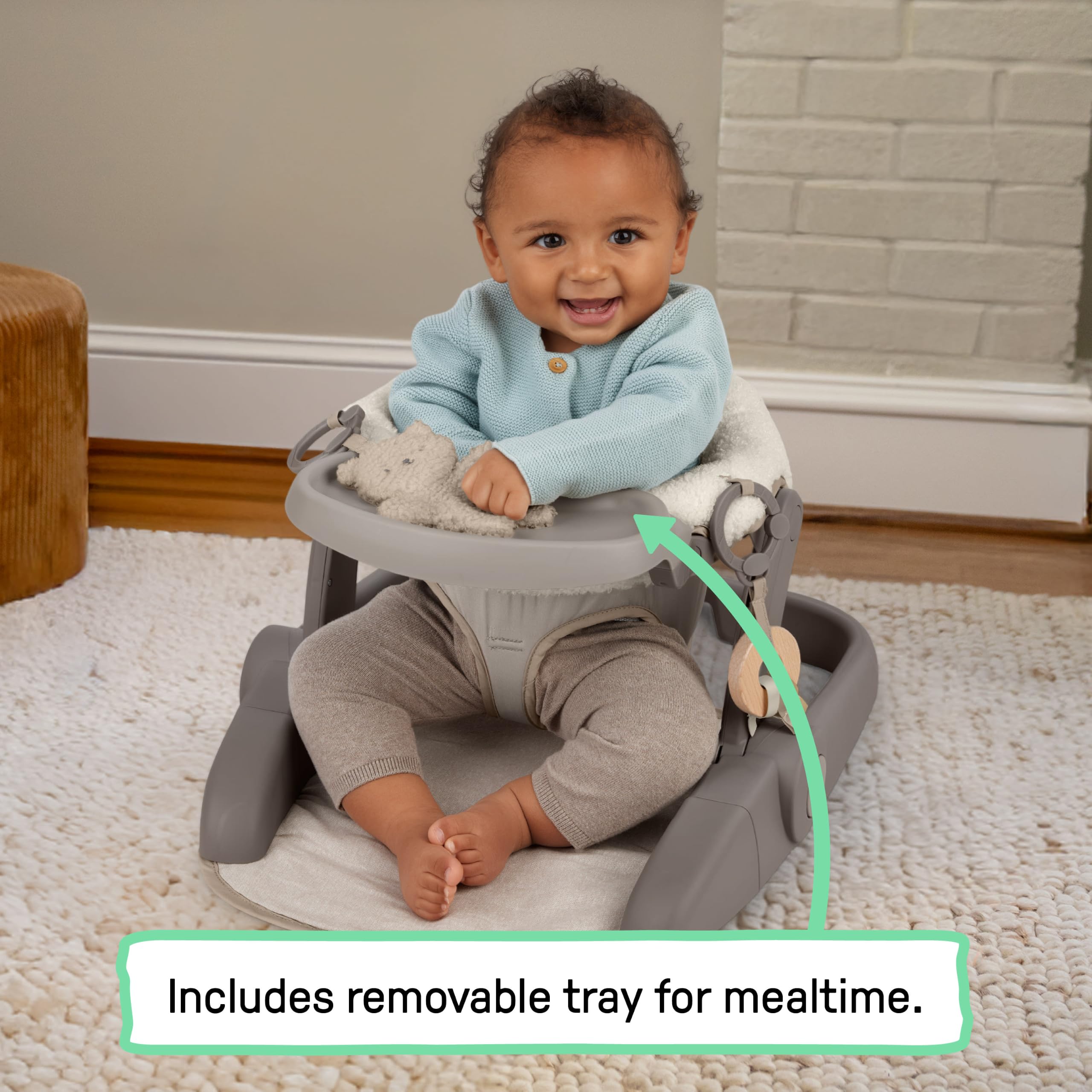 Ingenuity Prop Spot Learn-to-Sit Baby Bodensitz mit Tablett, Bouclé Stoff-Kissen, verstellbare Höhe, Klappdesign, Spielzeug enthalten