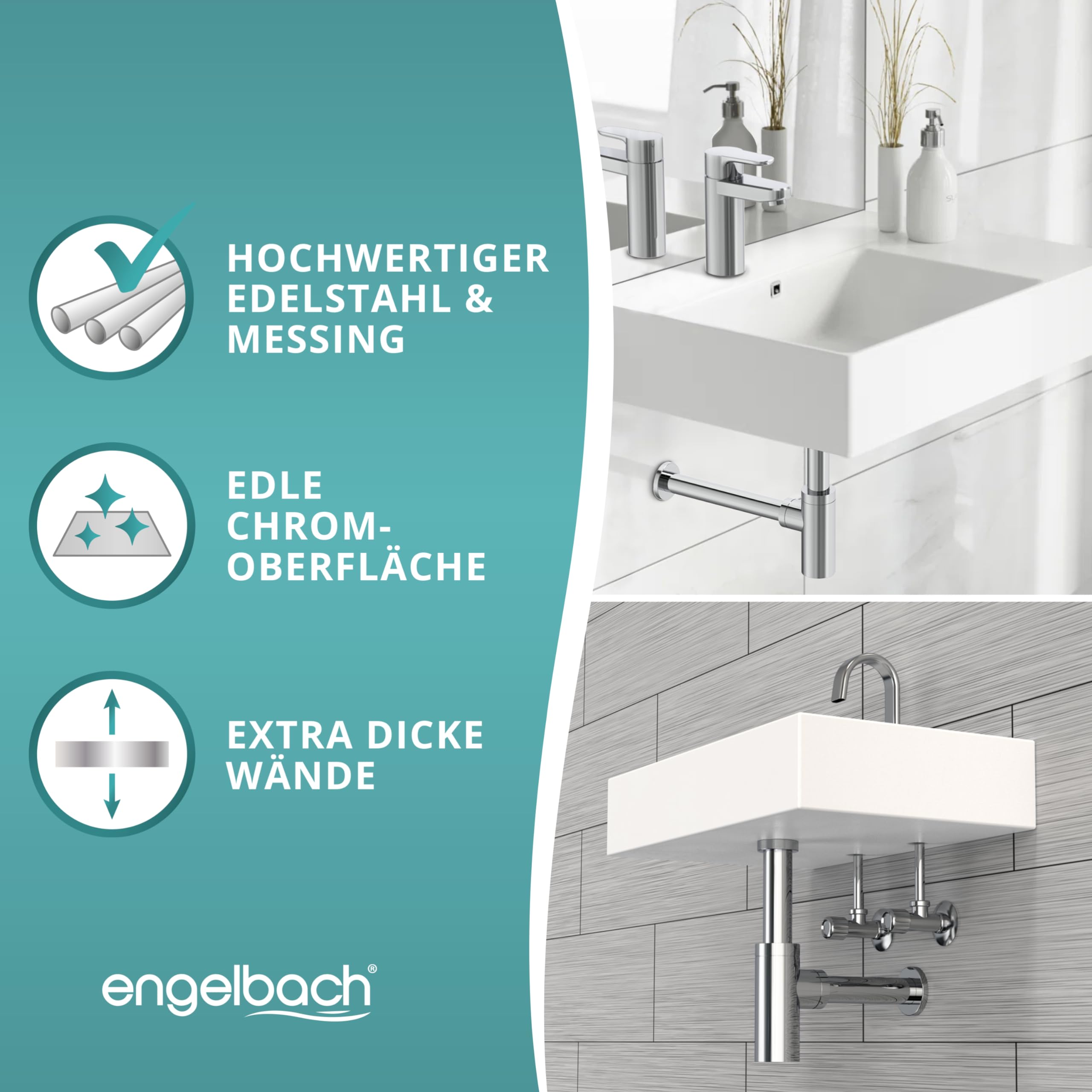 Engelbach® Design Siphon für Waschbecken & Waschtisch - Mit Reinigungsöffnung - Universal Abflussrohr 1 1/4" - Geruchsverschluss, Syphon inkl. Gummimanschette und Anleitung