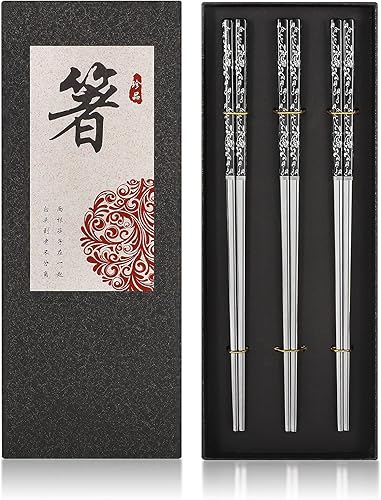 Miniatura 4 de Palillos de acero inoxidable, reutilizables, chapados en titanio, juego de regalo japonés de primera calidad, apto para lavavajillas (3 pares)