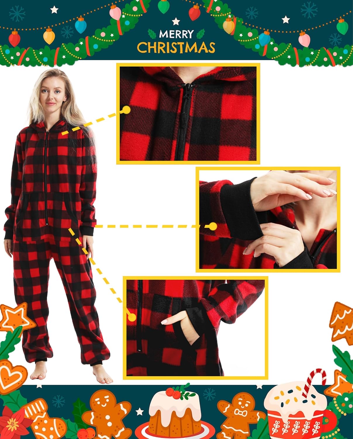 Unisex Adults Buffalo Plaid Onesie Pajamas Hooded Christmas PJS for Family Jumpsuit Thermal with Pockets Zipper - Image 4