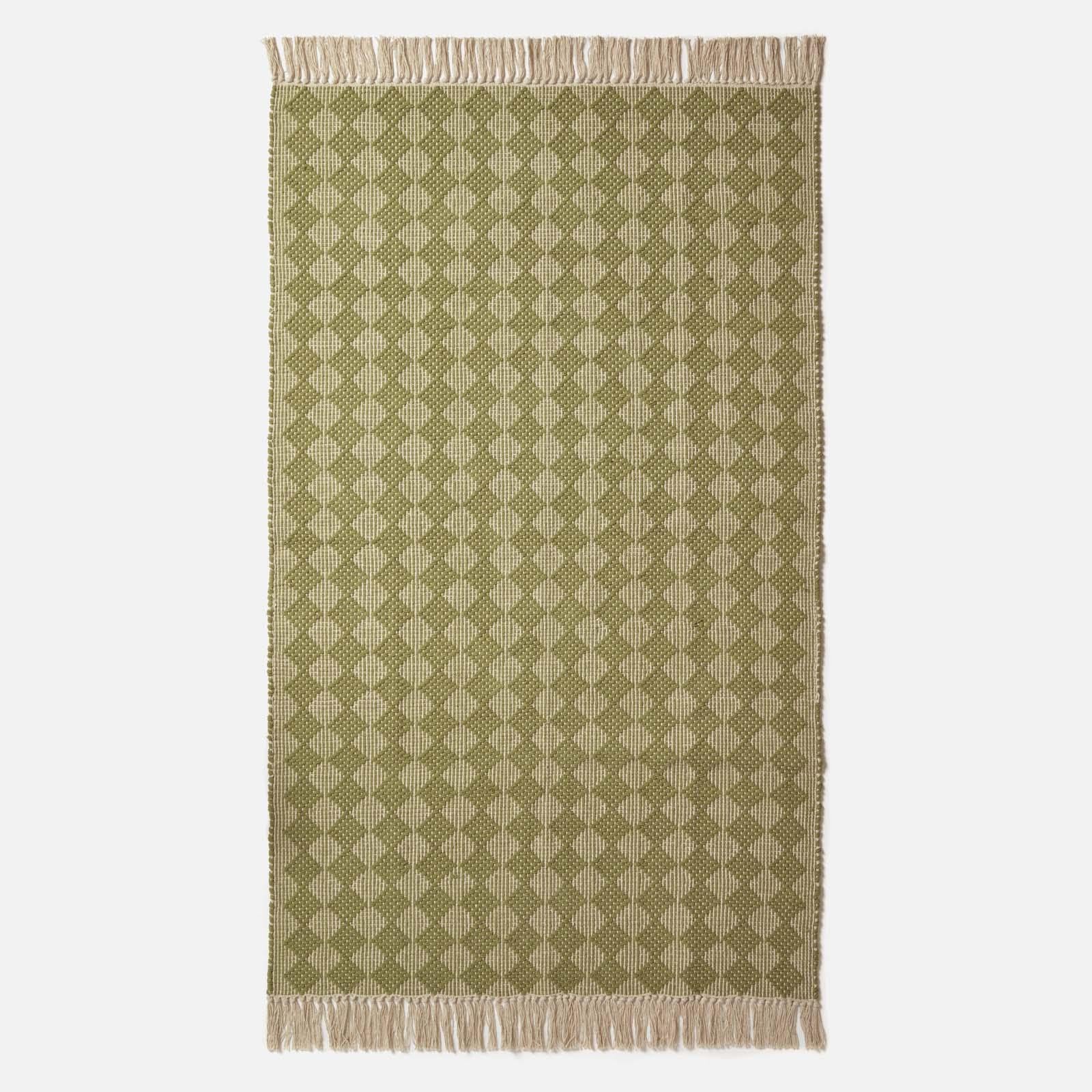 HOMESCAPES Tapis Vert en Coton Lima, Tapis rectangulaire 120x170 cm, Tapis géométrique à Franges