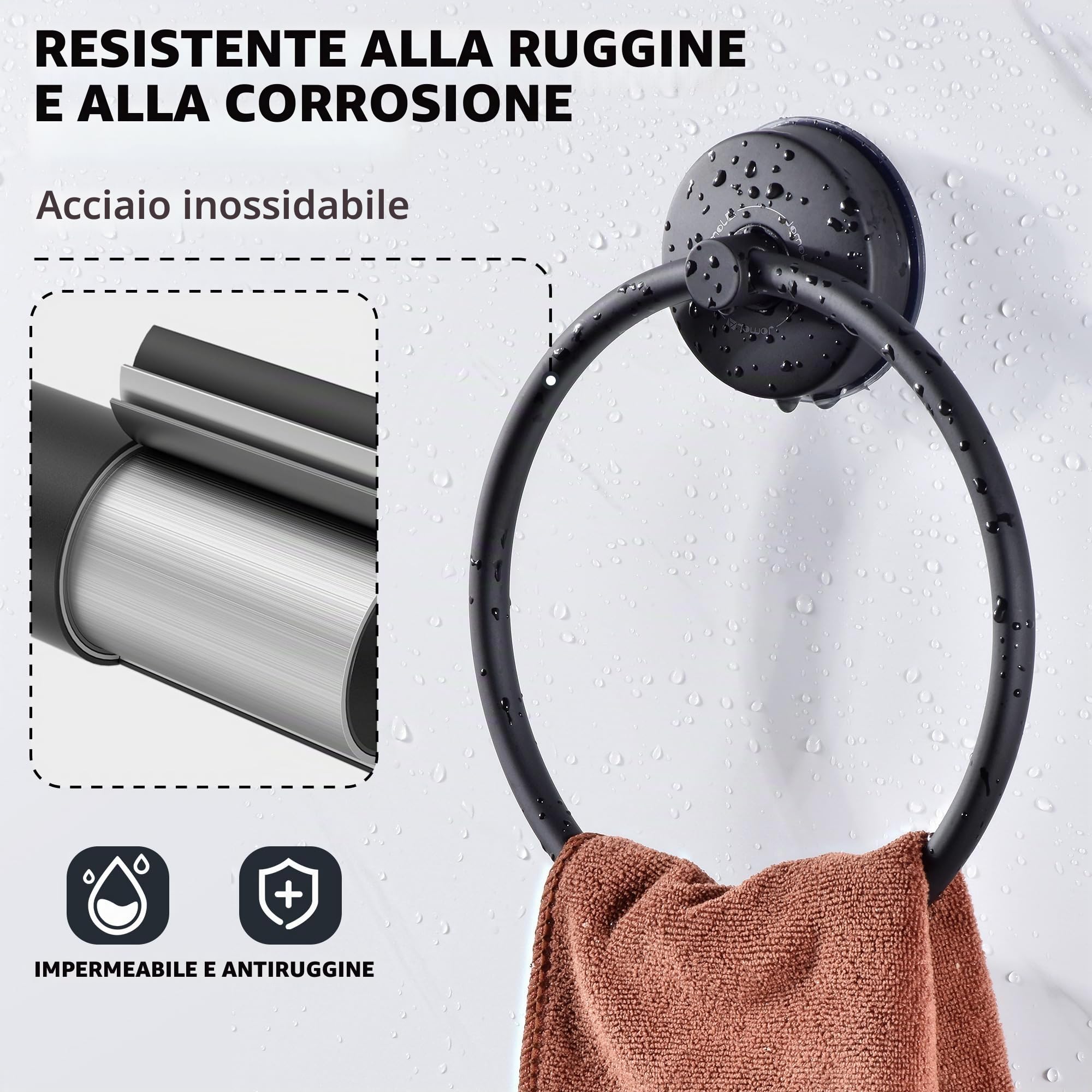 JOMOLA Anello Portasciugamani Nero Porta Asciugamani Ventosa Bagno Forte Anelli Portasciugamani Acciaio inossidabile Porta Asciugamani ad Anello da Parete Finitura Spazzolata 2 Pezzi