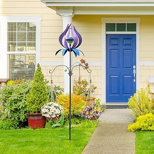 Miniatura 3 de Molino de viento para patio, decoración de metal al aire libre, gancho de pastor de veleta arco iris, cesta floral de coco, hilandero de viento de