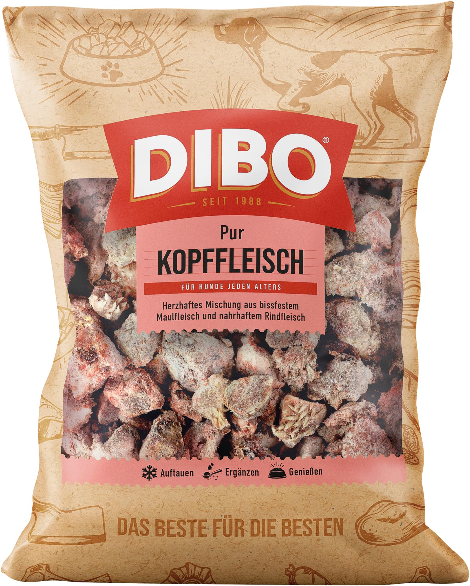 DIBO Kopffleisch, 9 x 2.000g-Beutel, Tiefkühlfutter, gesunde, natürliche Ernährung für Hunde, Hundefutter, Barf, B.A.R.F.