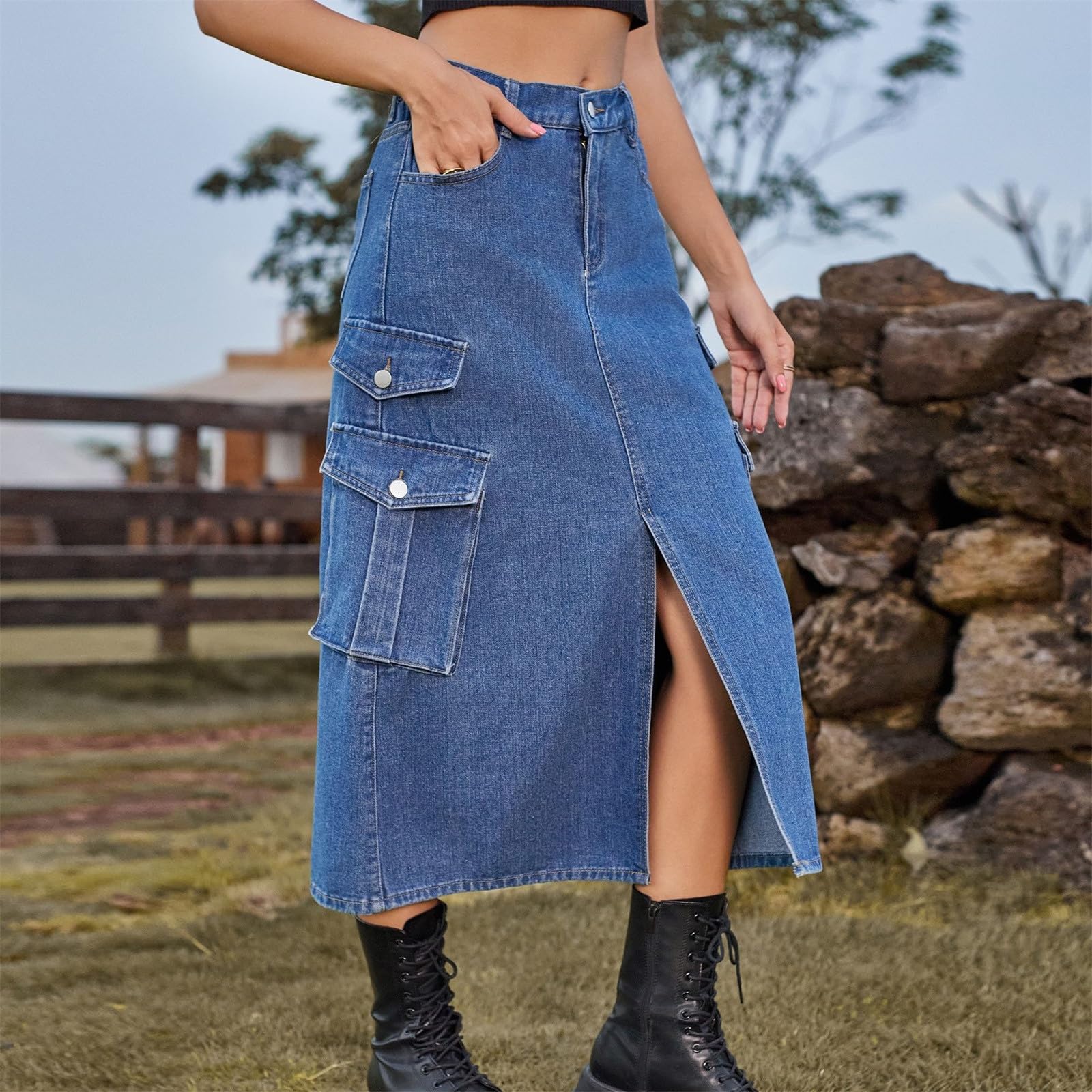 Générique Jupes Femme Haute Tour en Femme Jupe Élégante De Plage Elastique Plissée A-Ligne Taille Vacances avec Poches Plage Décontractée pour Bohême Maxi Longue