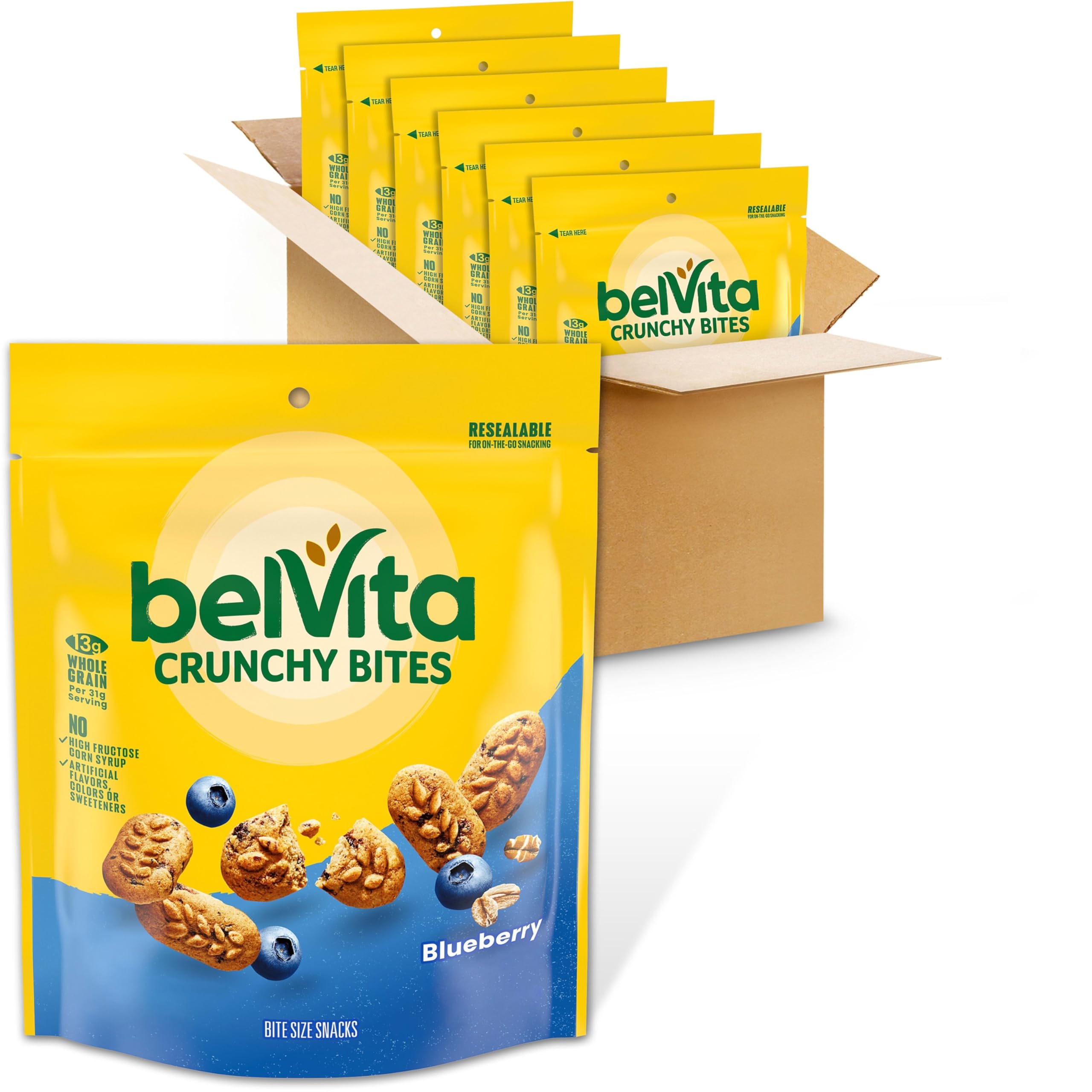 belVita Bite Size Snacks, Blueberry Crunchy Bites, 6-5 oz Bags | No High Fructose Corn Syrup, Artificial Flavors, Colors or Sweeteners, 13g Whole Grain Per 31g Serving