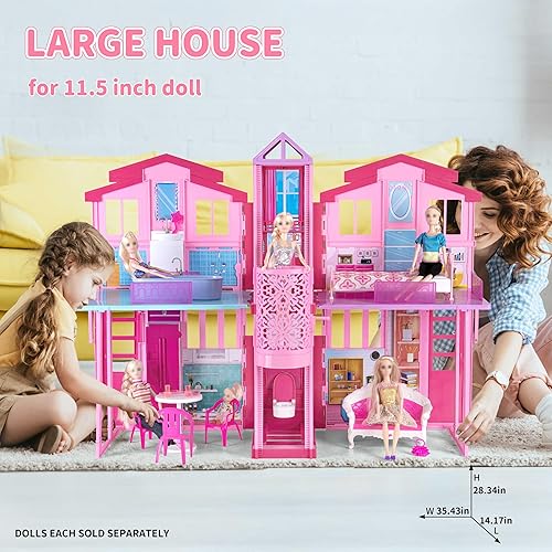 Miniatura 3 de Casa de muñecas plegable grande, casa de muñecas de 36 pulgadas para muñecas de 12 pulgadas, casa de princesa portátil con ascensor, cama, lavabo y