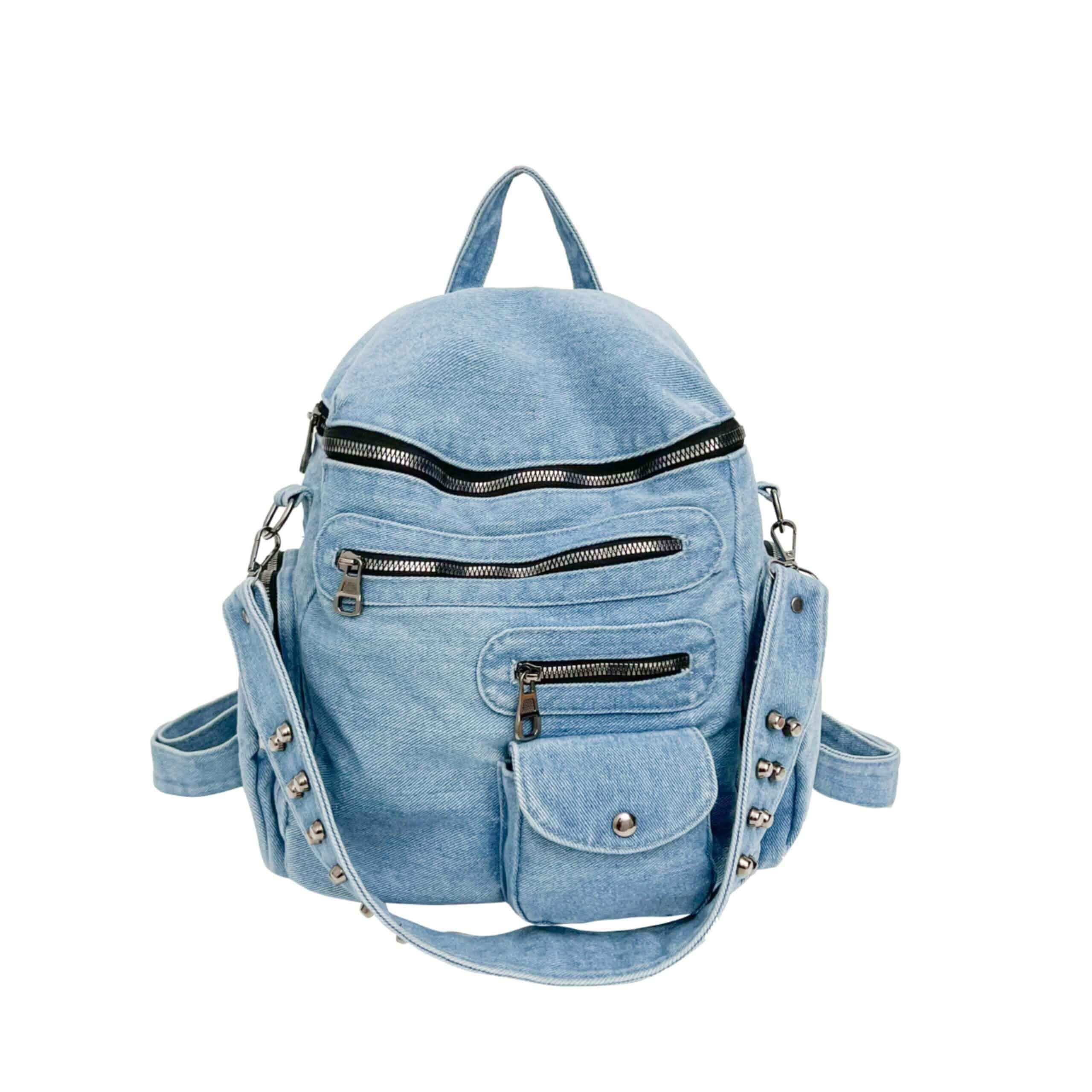 Denim Backpack Purse for Women Vintage Y2K Mini Backpack Structured Denim Bag Effortlessly Chic Convertible Crossbody Shoulder Bag Casual Daypack for Commuters Travel (Blue)