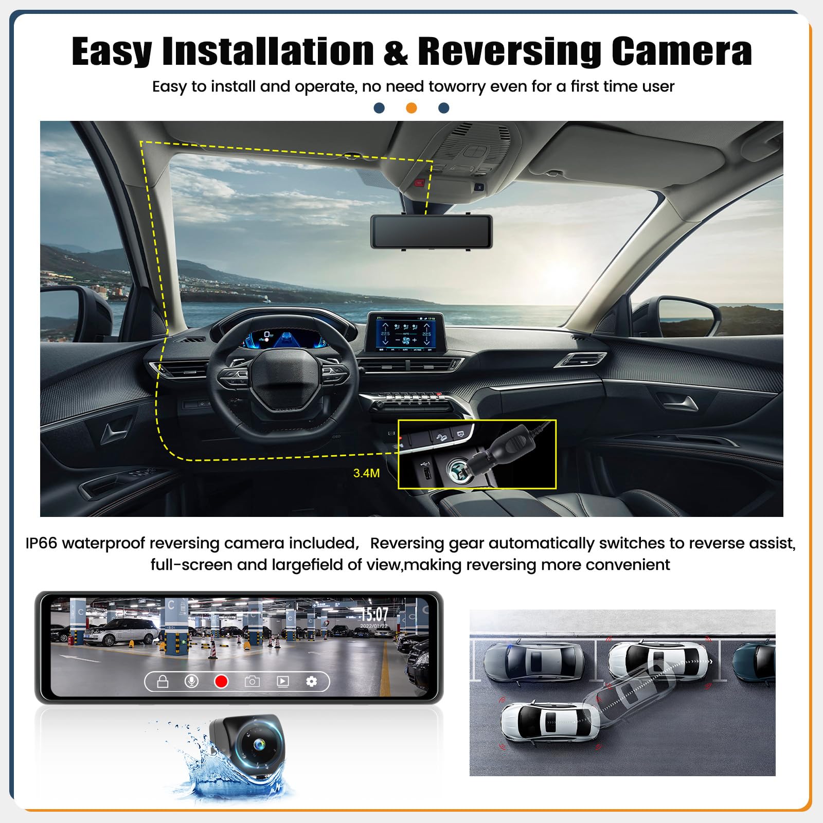 SIXTOP Dash Cam 10 Pulgadas, Espejo Inteligente para Coche con GPS/Cámara Doble Panel/Visión Nocturna/Tarjeta 64G+Cámara de visión trasera