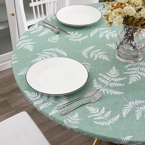 Miniatura 4 de Mantel redondo de vinilo ajustado con reverso de franela, diseño de borde elástico, impermeable, a prueba de aceite, mantel de PVC resistente a las