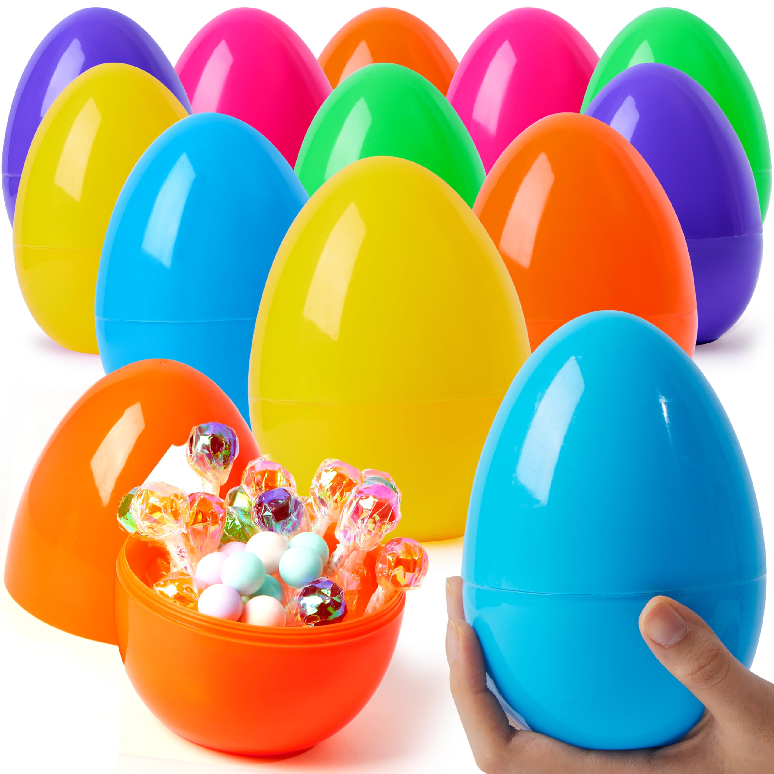 JOYIN 12 Pcs Large Plastic Easter Eggs, 6 Inches Colorful Jumbo Eggs Fillable for Easter Themed Hunt Basket Stuffers Fillers Filling Treats Party Favor Classroom Prize Supplies
