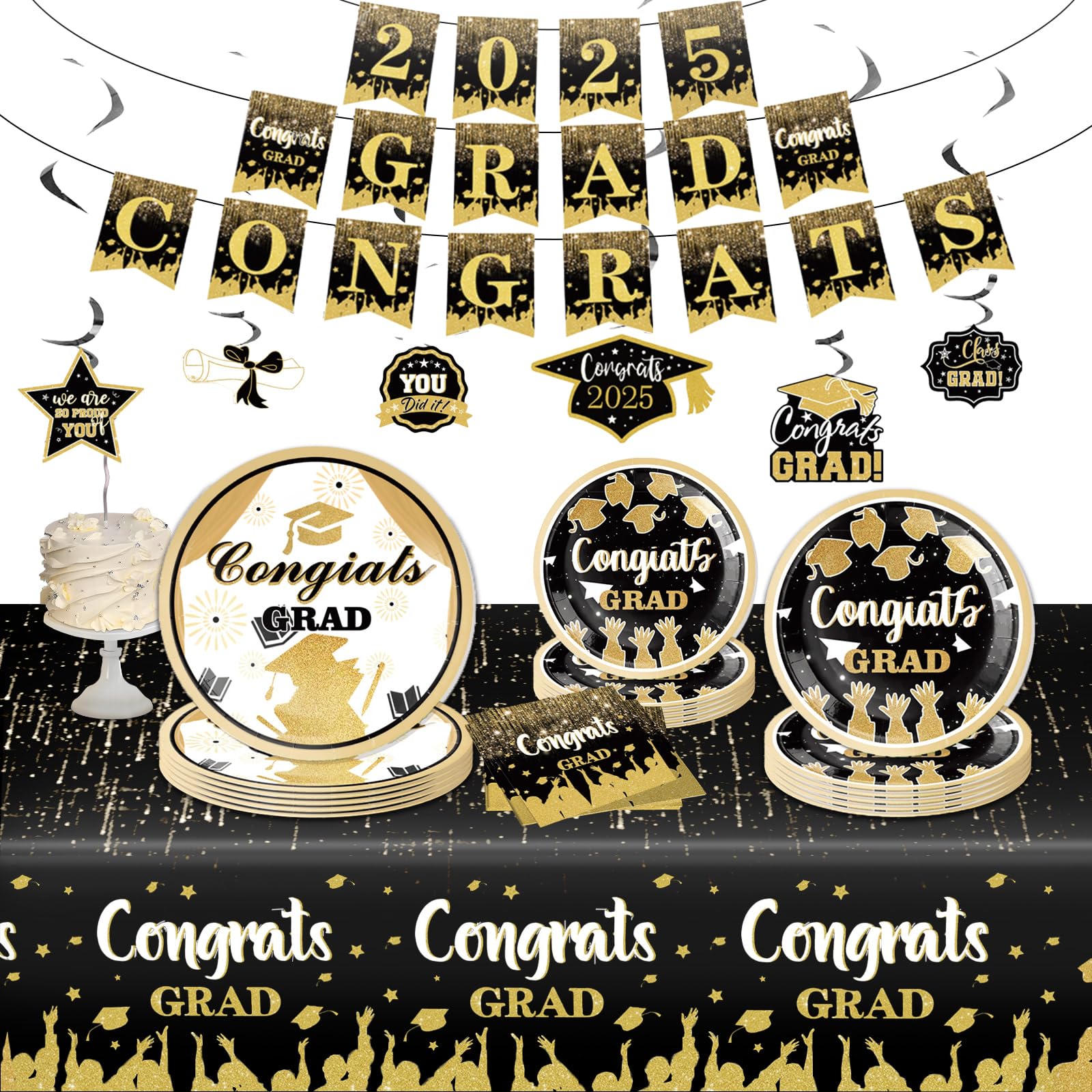 2025 Graduation Decorations – Black Graduation Party Dinnerware Set for 25 Guests, Includes Plates, Napkins, Tablecloth, Banner, Hanging Swirls – Grad