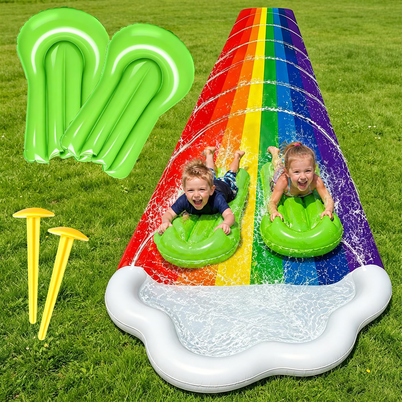 Morofme Toboggan aquatique arc-en-ciel pour enfants, 480 x 140 cm, double toboggan d'eau avec planche de bodyboard, toboggan d'eau avec pulvérisateur d'eau, pour adultes, enfants, extérieur, pour