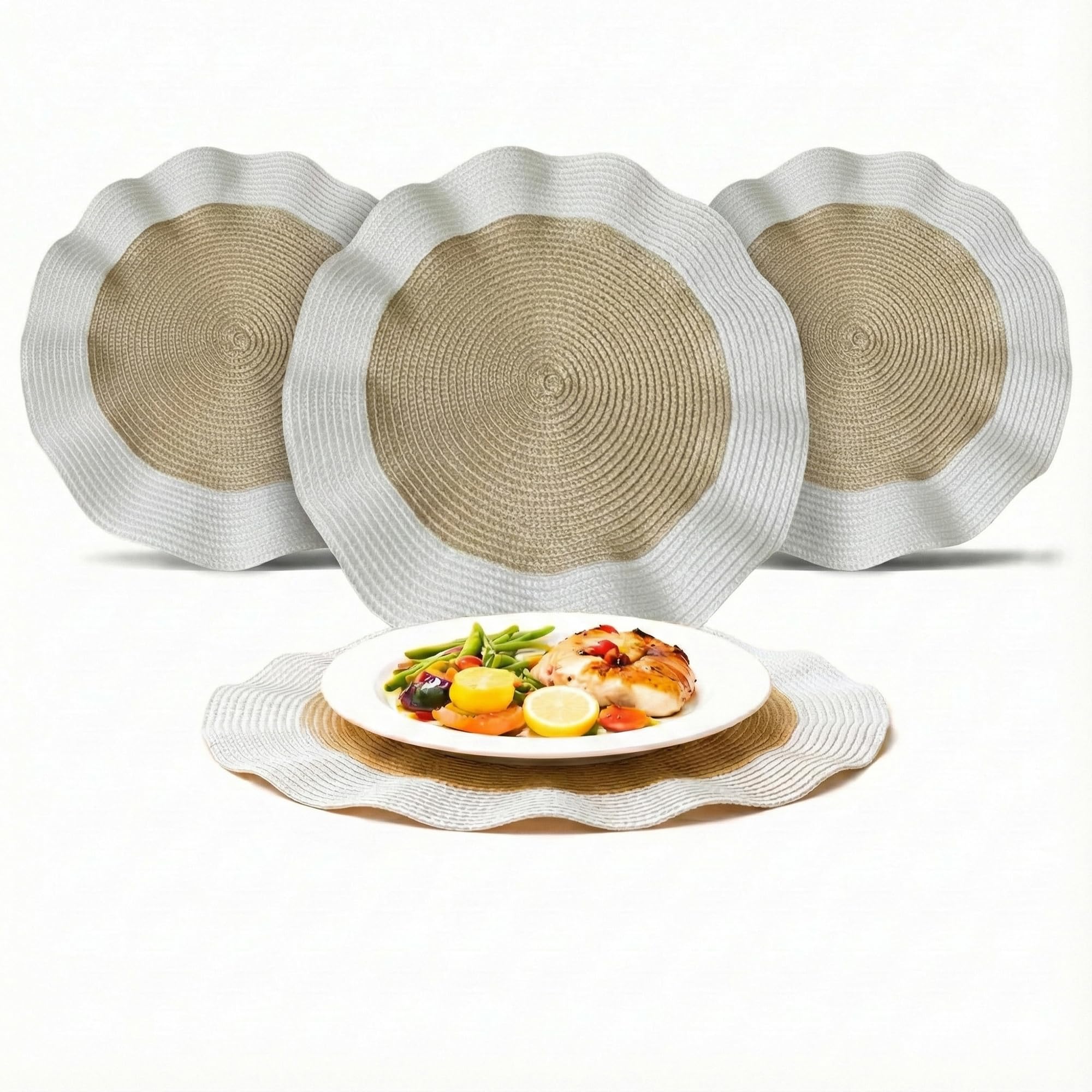 OBD Table Placemats Set of 4 Woven Table Mats Heat Resistant Non Slip Washable Round Dining Table Placemats Scalloped Edge Kitchen Table Mats for Home Decor (White and Grey, 19cm)