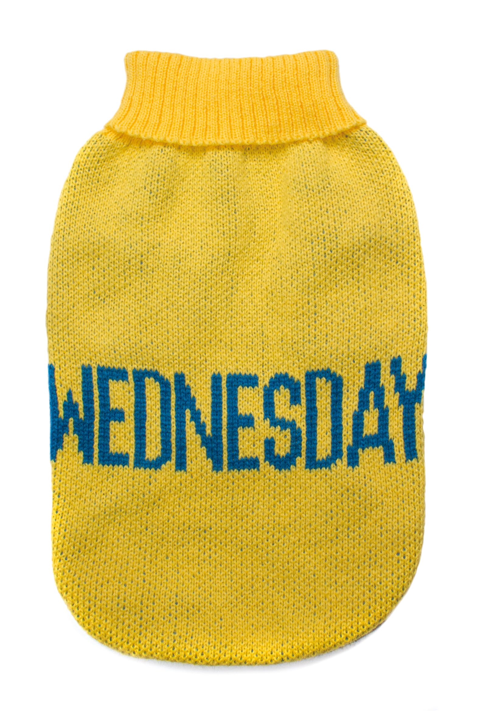 Record - Dog Sweater Everyday Soft High Neck Sweater with Elasticated Waistband, Embroidered with 'Wednesday' Wording | Yellow, S - Back Length 35cm