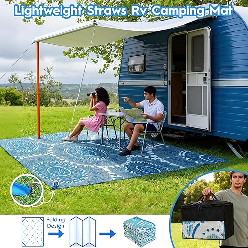 Miniatura 7 de Alfombra de exterior de 9 x 12 pulgadas, alfombra de patio impermeable para porche, caravana y camping, alfombra de plástico reversible azul para