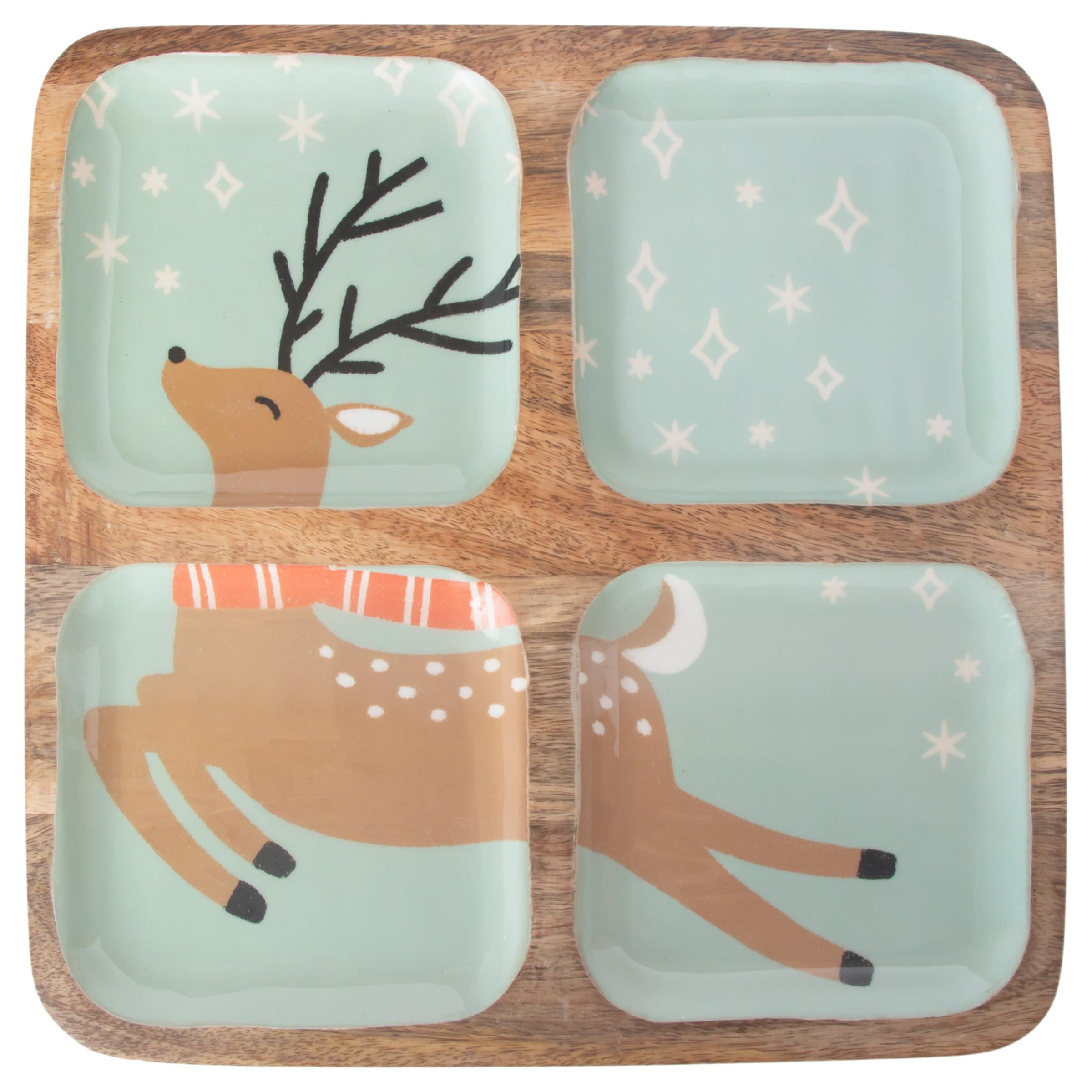 Boston International Dancing Deer Divided Tray With 4 Sections Mango Wood Serving Dish, 12" X 11.75",