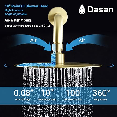 Miniatura 7 de DASAN DA-SS03BG-R10W - Juego completo de grifos de bañera, sistema de ducha de bañera dorado cepillado con boquilla de bañera, bañera y grifo de