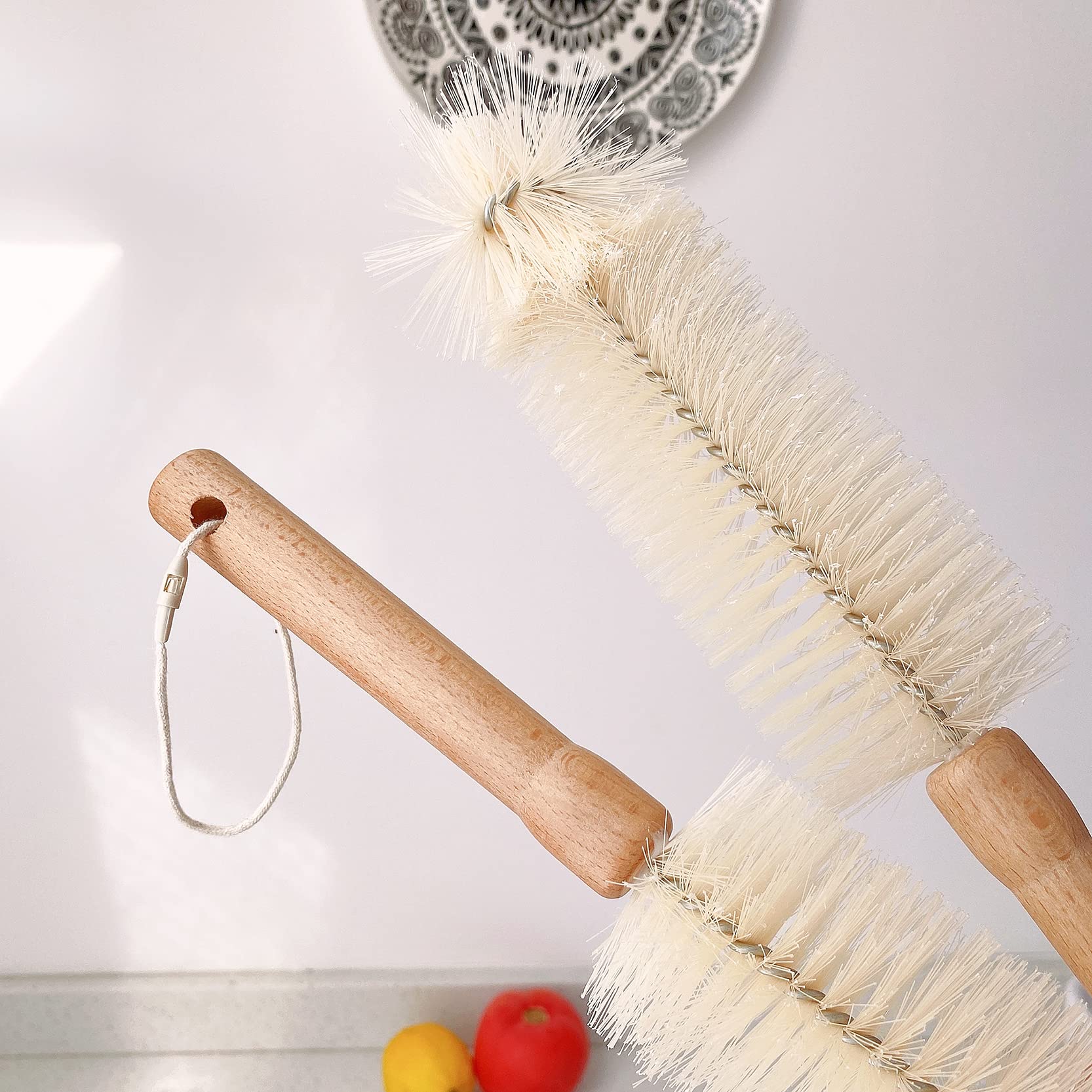 UPTALY 1 pcs 31cm/12'' Nylon Bottle Brush, 1 pcs 26cm/10'' Bristle Dish Brush, Beech Wood Handle, Kitchen Cleaning Brush, for Water Jag, Cup, Jar, Sink, Tumbler, Glass, Pan