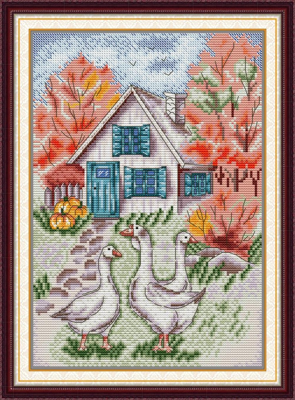 Meecaa Cross Stitch Kits 14 Count Stamped, Goose Animal House Pumpkin Embroidery Kit with Accessories Pre Printed（22×33CM (Goose)