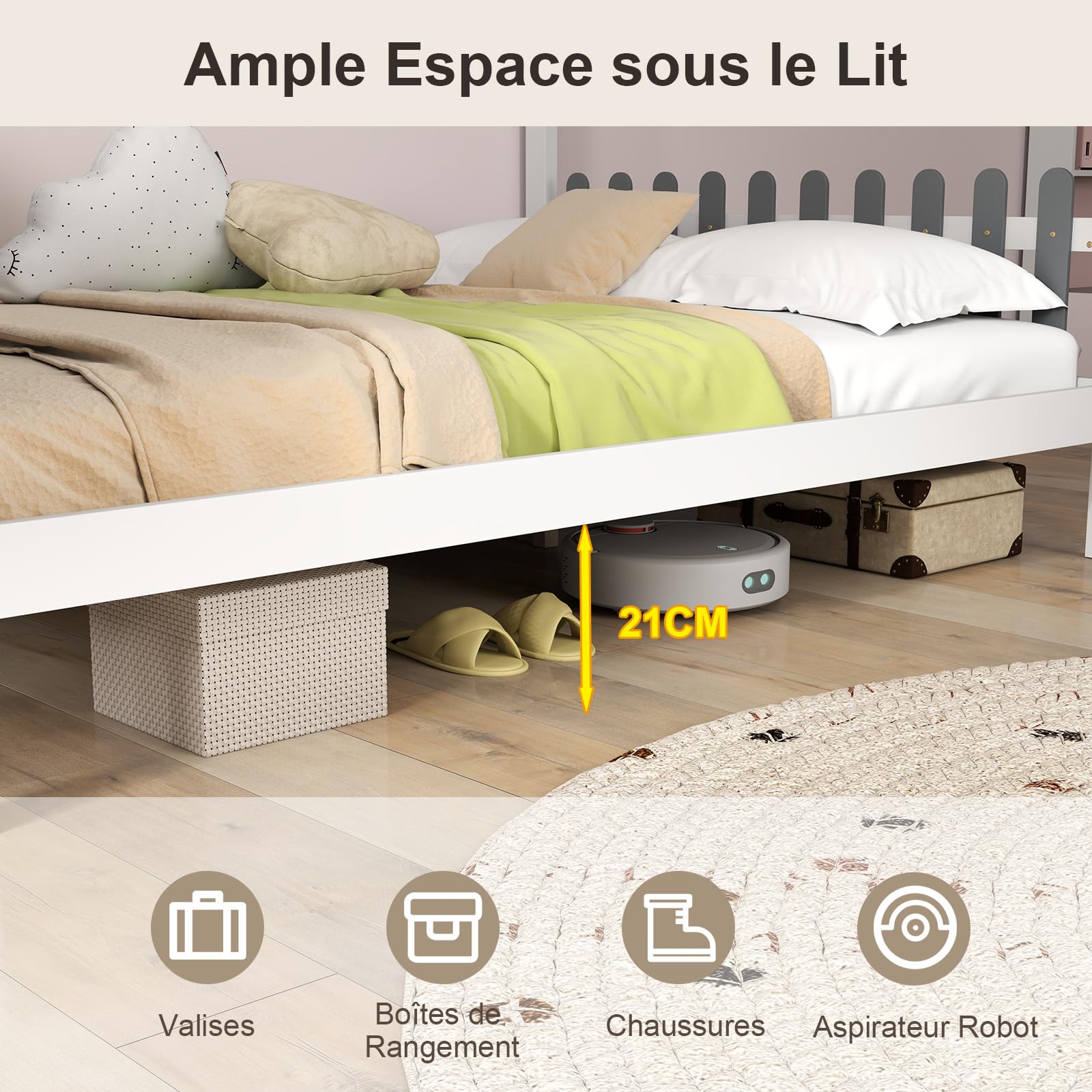 COSTWAY Lit Cabane Enfant 140 x 200 cm avec Grand Bureau, Lit Maison Double en Bois avec sommier à Lattes, Crochets et Tiroirs, Cadre de Lit Plateforme pour Garçon et Fille, Blanc et Gris
