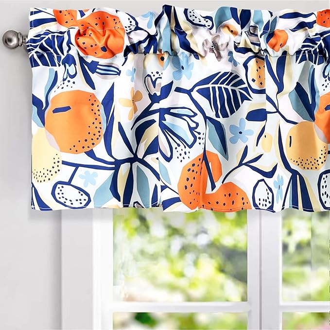 CANVASBEE Orange Navy Blue Farmhouse Kitchen Valances for Windows Rod Pocket 52"x18