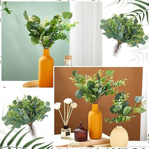 Miniatura 6 de Yunsailing 100 tallos de eucalipto sintético con semillas blancas, hojas de eucalipto artificiales, decoración de ramas de hojas falsas para ramos