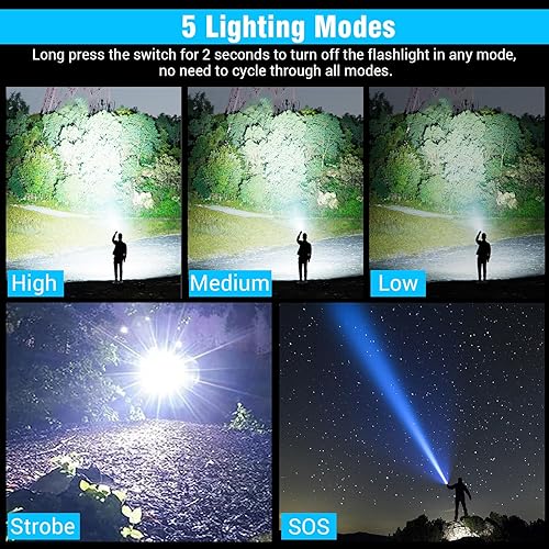 Miniatura 2 de Linternas recargables de alto lúmenes, luz LED súper brillante, linternas tácticas con pantalla LCD de alimentación, 5 modos, impermeable, linterna