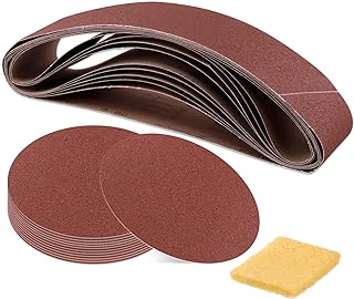 Glarks 23Pcs Sanding Belts and Sanding Discs Set Including 10Pcs 4 x 36 Inch 80/120/150/240/400 Grits Sanding Belts and 12Pcs 80/100/120/180/ 240/400 Grits Self Adhesive No-hole Sticky Sanding Discs