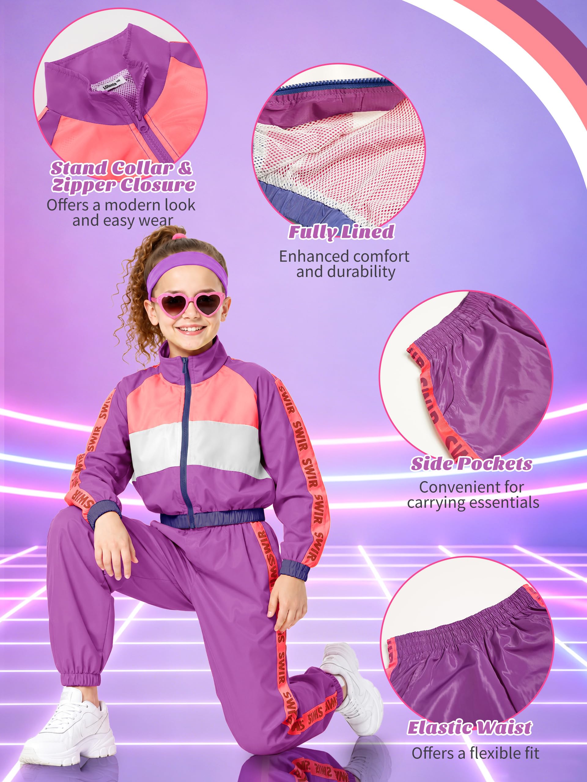 LOLANTA Conjunto de 3 piezas de ropa de hip hop para niñas, chándal retro de los años 80, camiseta sin mangas corta, chaqueta con cremallera y pantalones deportivos de 4 a 13 años