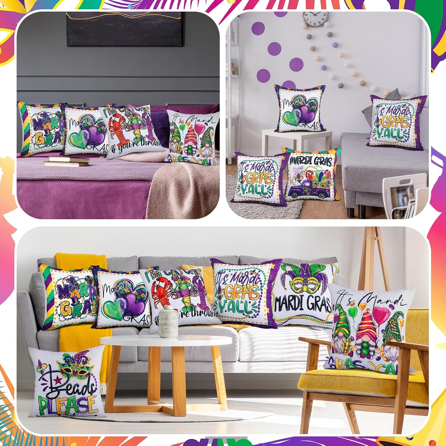 Mindsoft 9 Pcs Mardi Gras Pillow Covers 18 x 18 Throw Pillow Covers Happy Mardi Gras Decorations Mask Feather Decorative Pillowcase for Home Couch Sofa