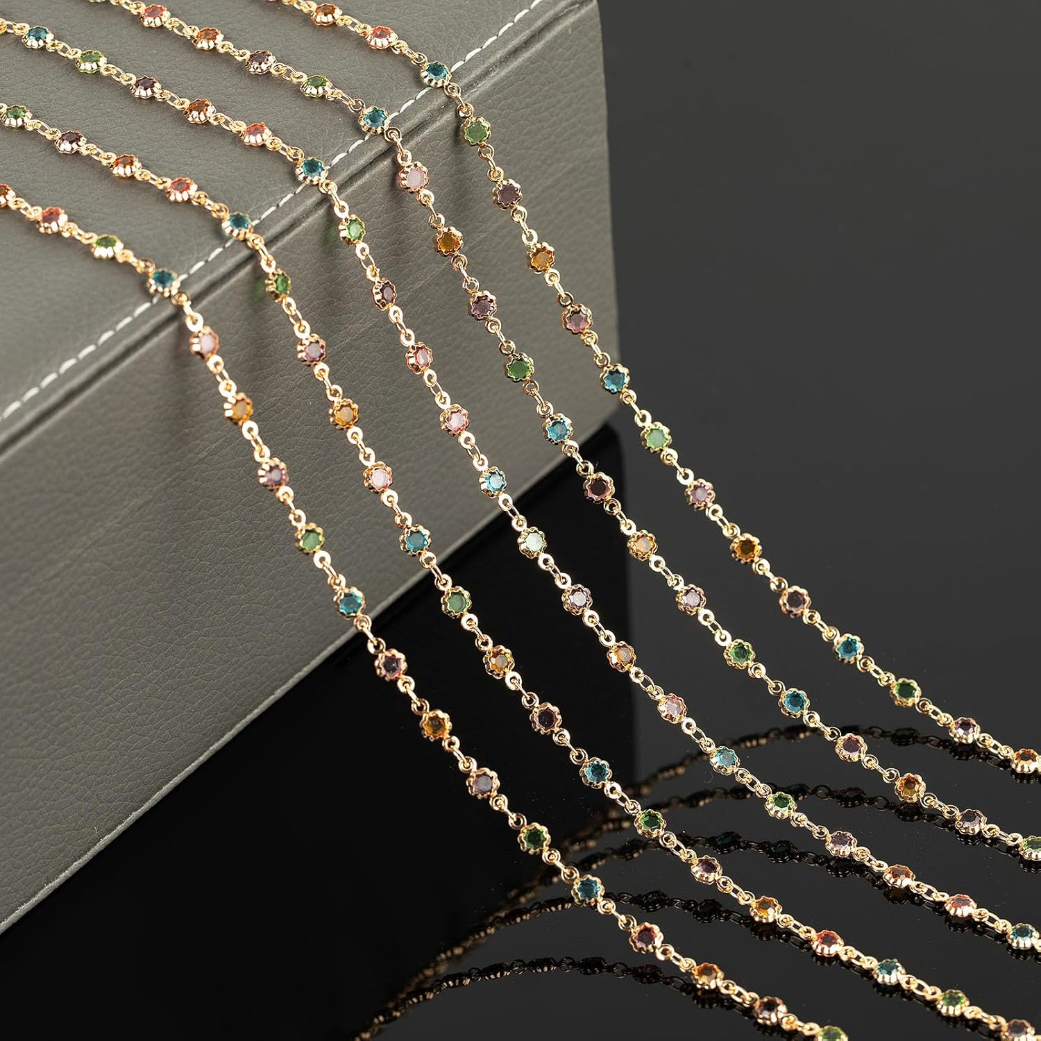 YOUBEIYEE 3 Meters Colorful Rhinestone Jewelry Chain Gold Plated Brass Chain for Jewelry Making Mixed Color Glass Bead Flower Craft Chain Roll - Image 4