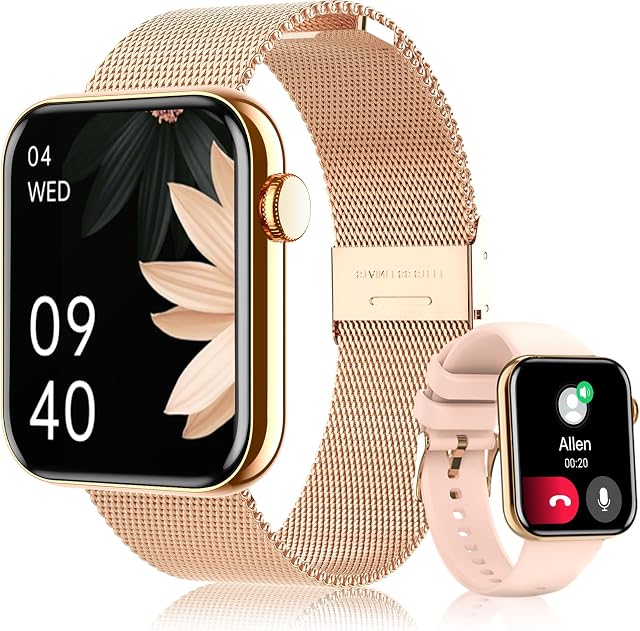 Smart Watch for Women(Answer/Make Calls) 1.85" HD Fitness Step Tracker Smartwatch with Heart Rate, Sleep & Stress, 120+ Sports Modes IP68 Waterproof for iPhone/Android, Rose Gold/2 Bands