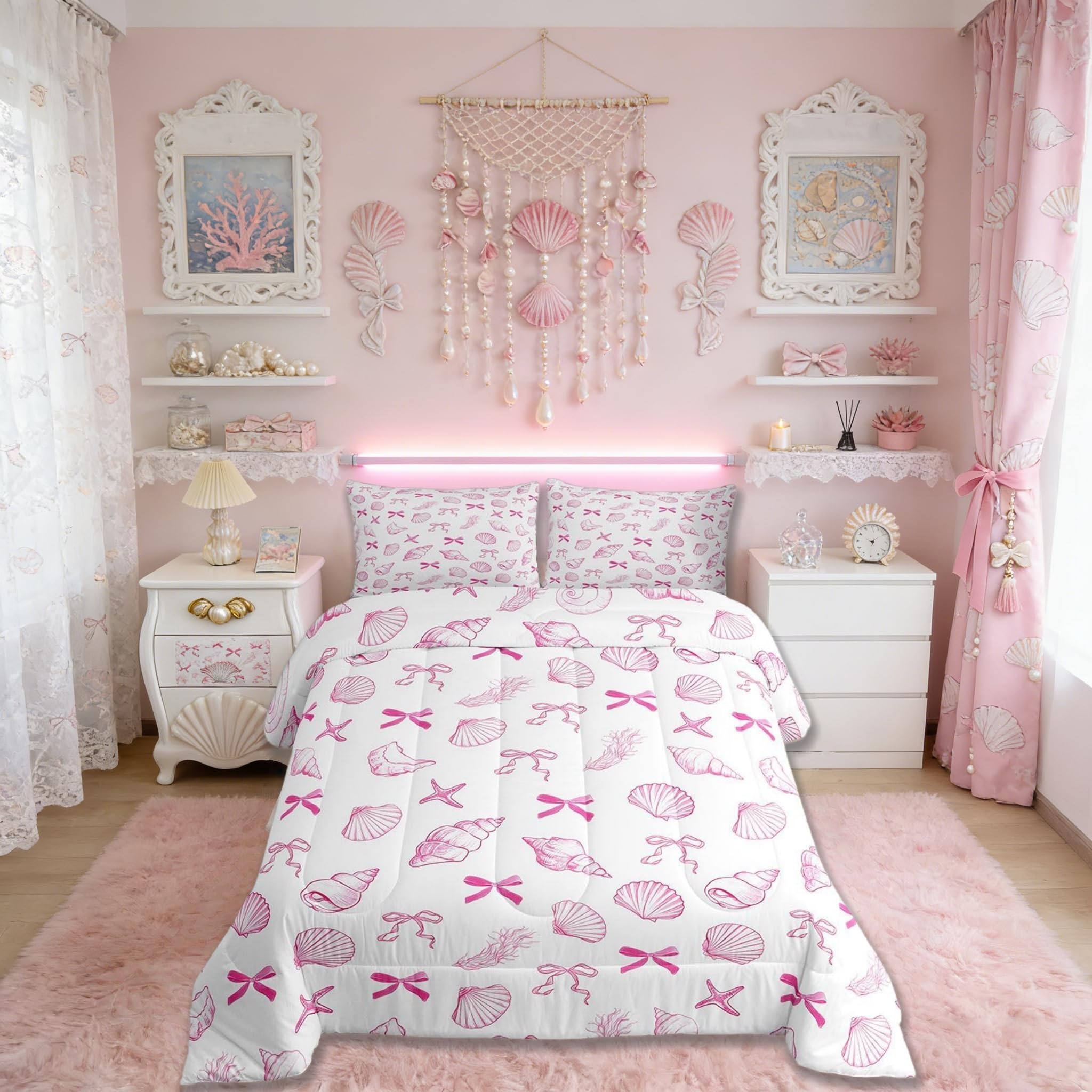 Summer Sea Kinder-Bettwäsche-Set für King-Size-Bett, Kawaii-Fliege, Muschel, Ozean, Muschel, Seetang, nautische Steppdecke, rosa-weiß, Schlafzimmer-Bettbezug, 2 Kissenbezüge
