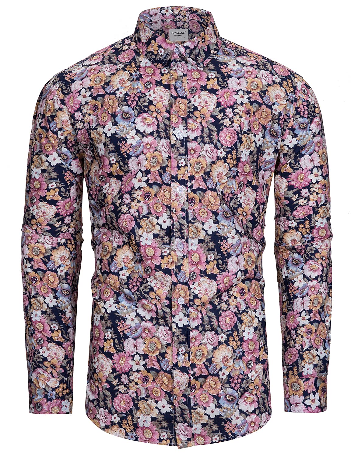 Mens Long Sleeve Floral Dress Shirt Flowered Pattern Print Button Down Shirts Cotton