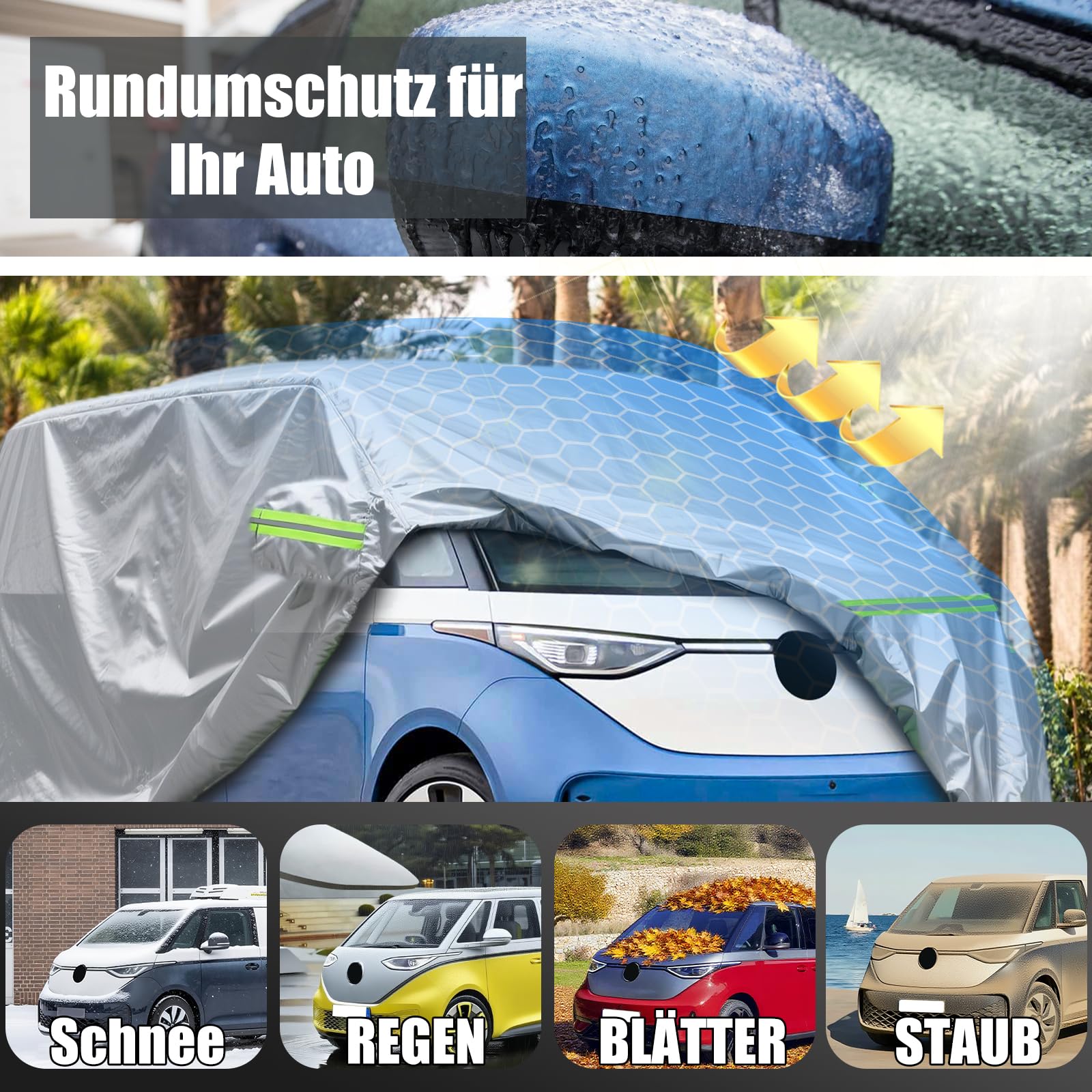 Cubierta para VW ID. Buzz, Dupont Oxford Lona para ID. Buzz Cargo/Pro, con rayas reflectantes, cubierta completa para VW ID. Buzz Protección para todo el año, resistente al agua y a los rayos UV (gris