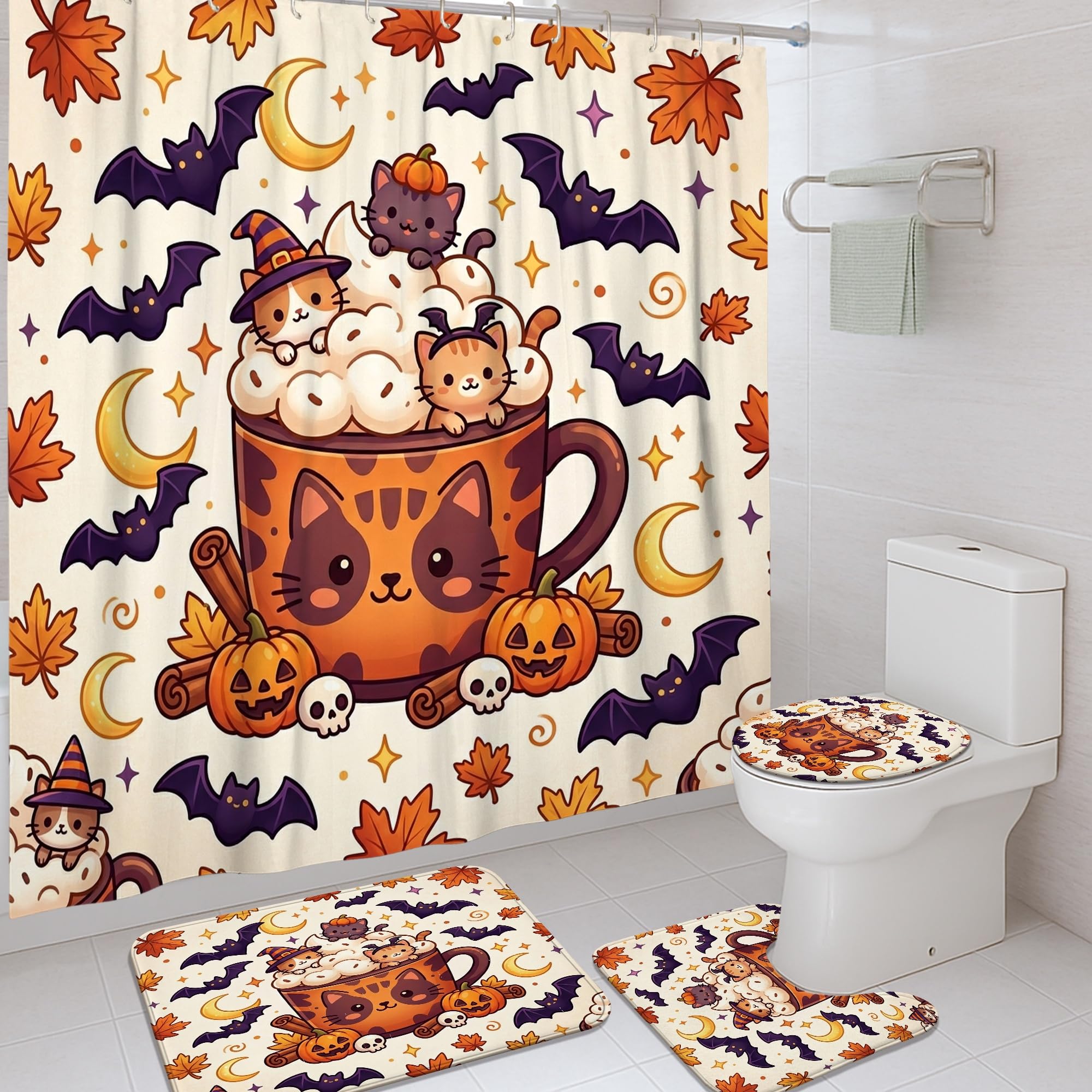 Rideau de douche Halloween orange 183x183 cm avec tapis assorti pour salle de bain