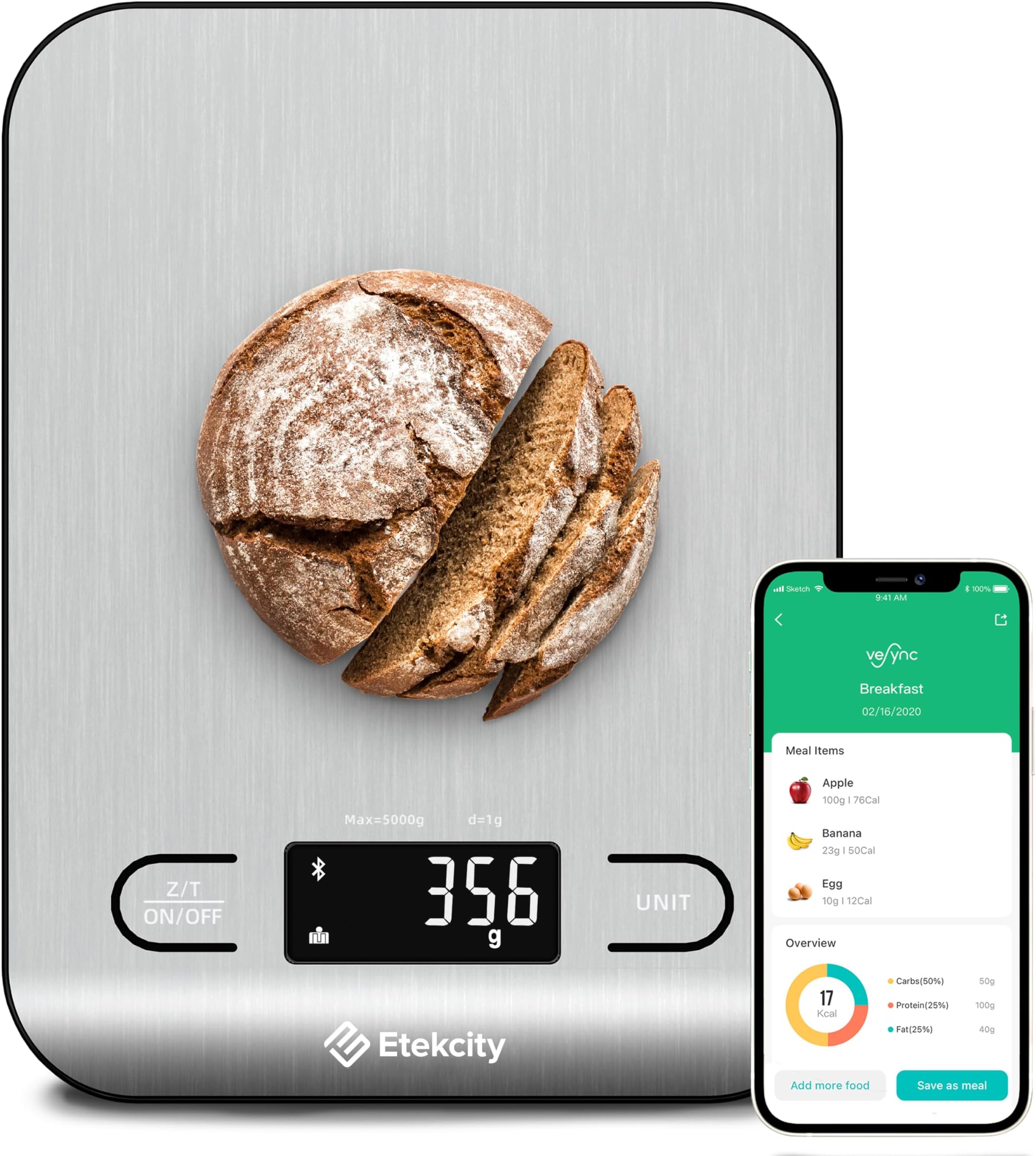 Food Nutrition Kitchen Scale, Digital Grams and Ounces for Weight Loss, Baking, Cooking, Keto and Meal Prep, Large, 304 Stainless Steel