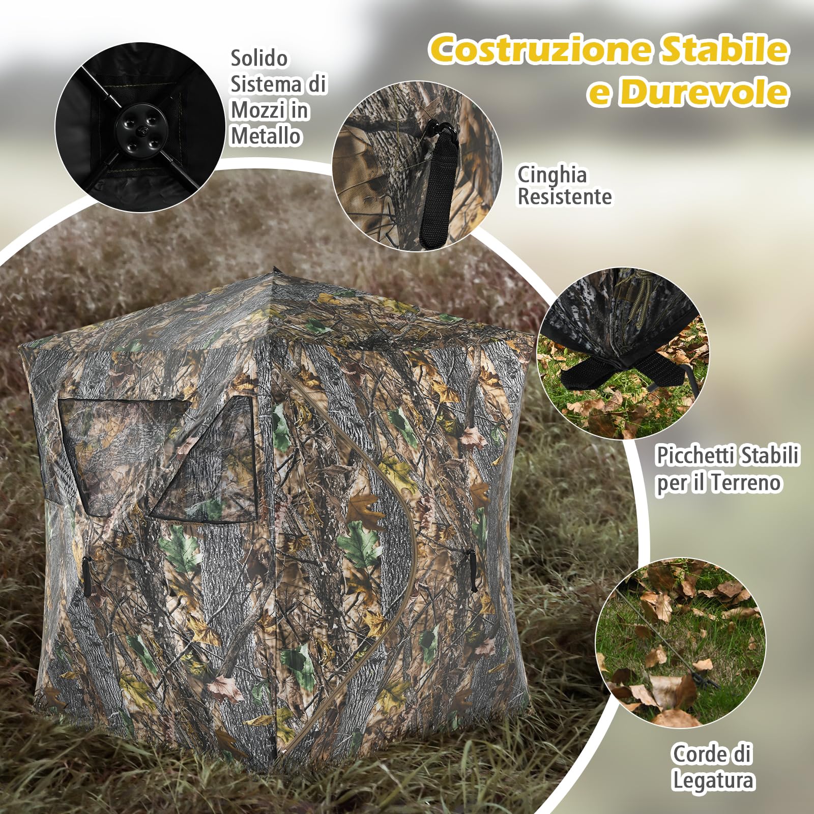 COSTWAY Tenda Portatile per Caccia con Finestre a Rete, Tenda a Terra Pieghevole per 3 Persone con Picchetti da Terra, Borsa per Trasporto