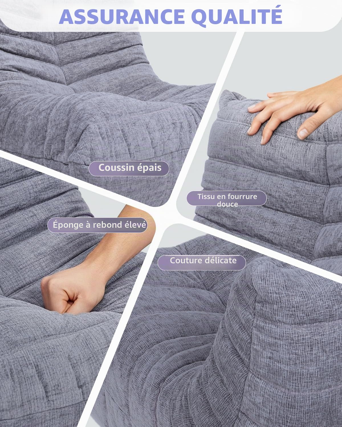 Pouf en Mousse Haute densité - Canapé de Sol en Tissu Chenille avec Dossier - Fauteuil de Lecture pour l'intérieur - pour Salon et Chambre à Coucher - Gris