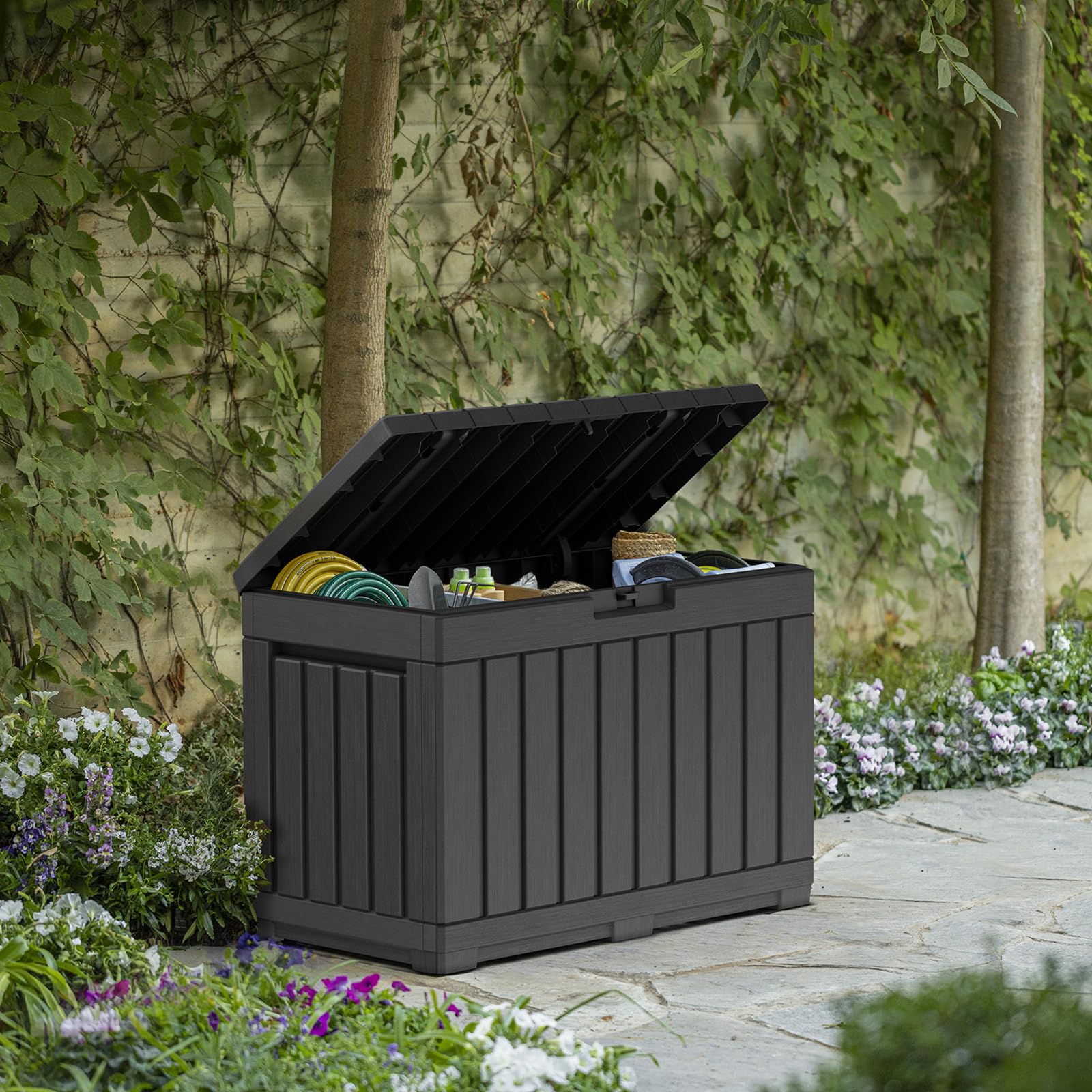 Koll Living Gartenbox Kentwood 190 Liter Stauraum Anthrazit | Aufbewahrungsbox mit Sitzfunktion mit viel Platz für Sitzauflagen, Gartengeräte oder Kinderspielzeug | wasserdicht & gut belüftet