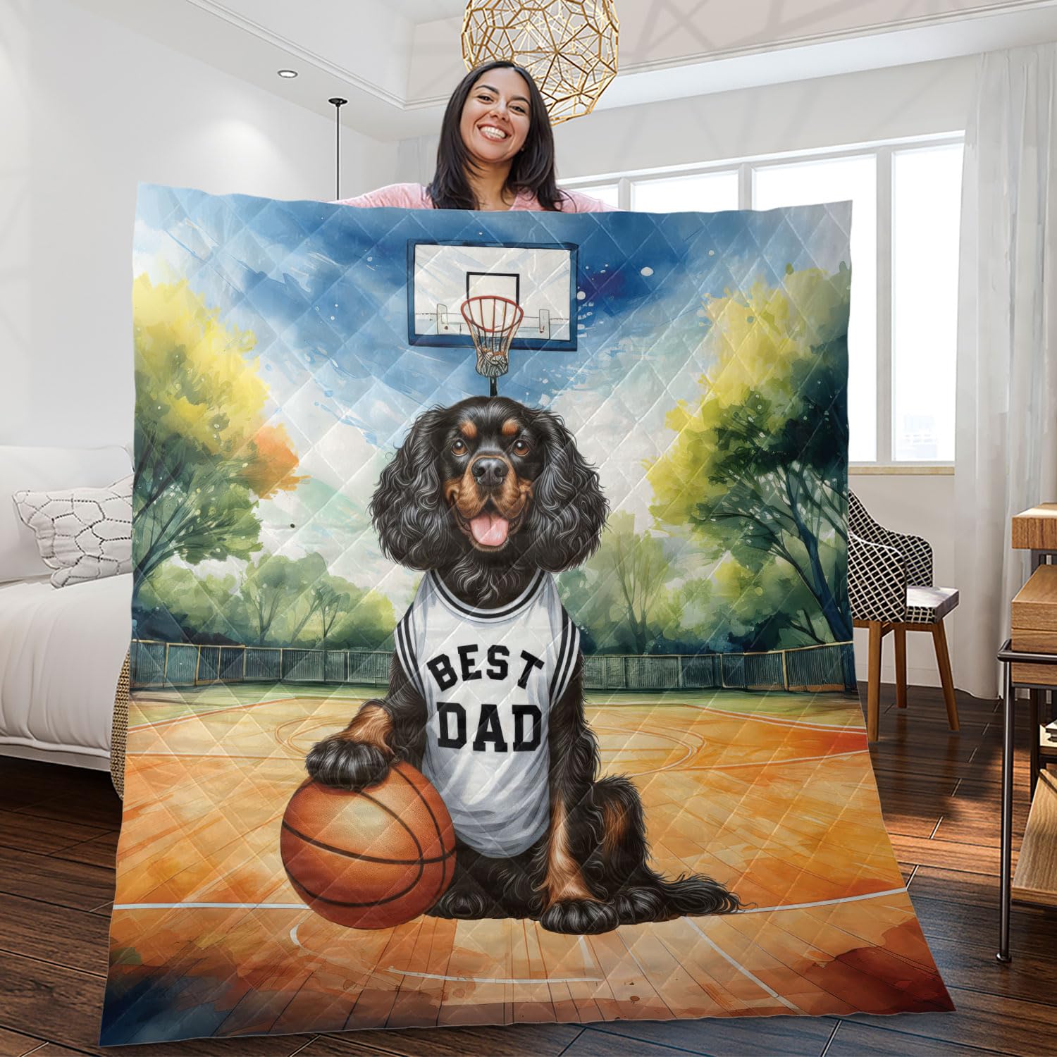 Ninety3POD Happy Father's Day Boykin Spaniel Playing Basketball with Best Dad Jersey Quilt Blanket Dog Lover Cozy Comforter Throw Blanket 13006