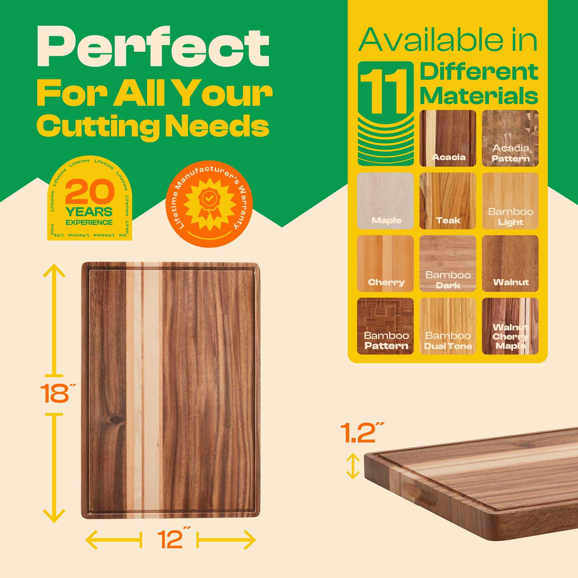 Riveira Tabla de cortar de madera de nogal/cerezo/arce, Gourmet Grandeur: tabla de cortar de madera de 18 x 12 pulgadas, tablas de cortar de madera natural para decoración de cocina, innovadora tabla