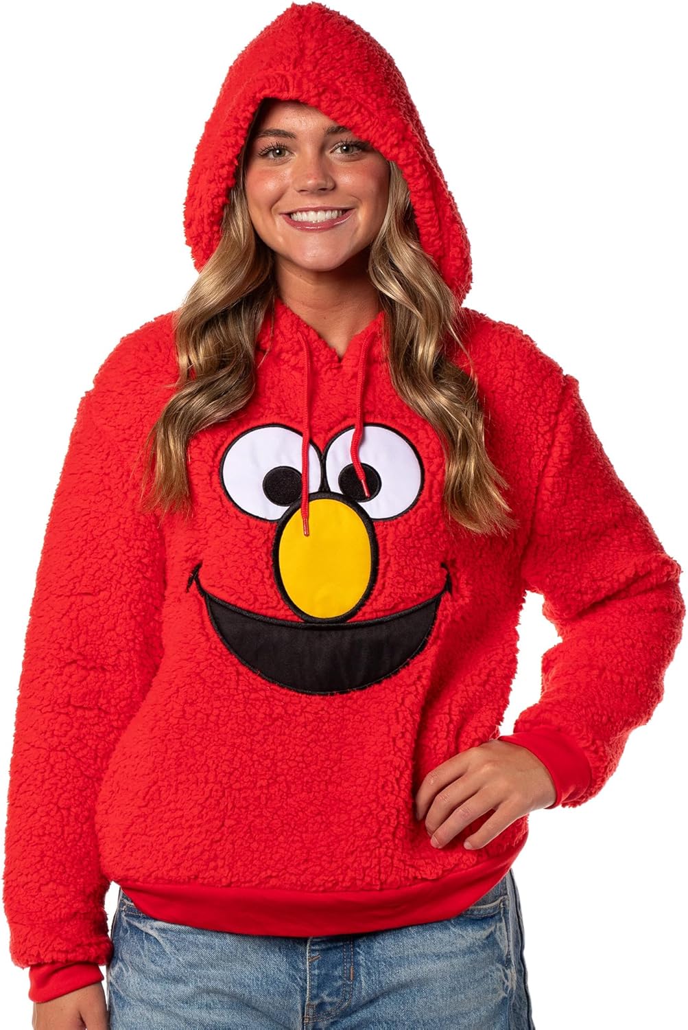 Sesame Street Women's Elmo Embroidered Patch Big Face Plush Fleece Long Sleeve Adult Costume Pullover Hoodie
