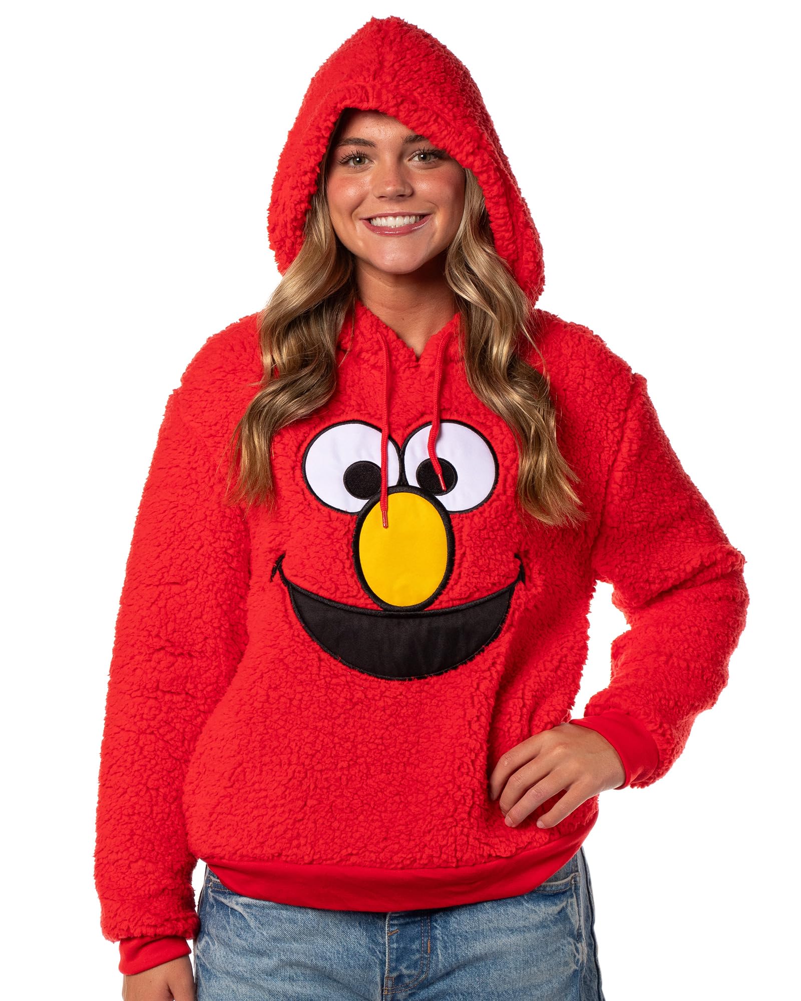 Sesame Street Elmo - Sudadera con capucha para mujer, parche bordado de cara grande, forro polar de felpa, manga larga, disfraz de adulto